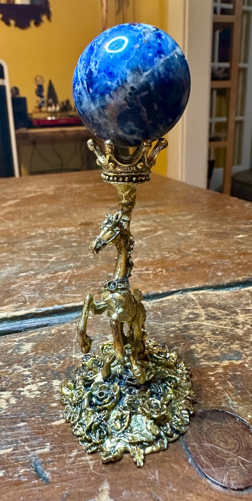 Lapiz lazuli blue crystal sphere with metal horse stand Free shipping