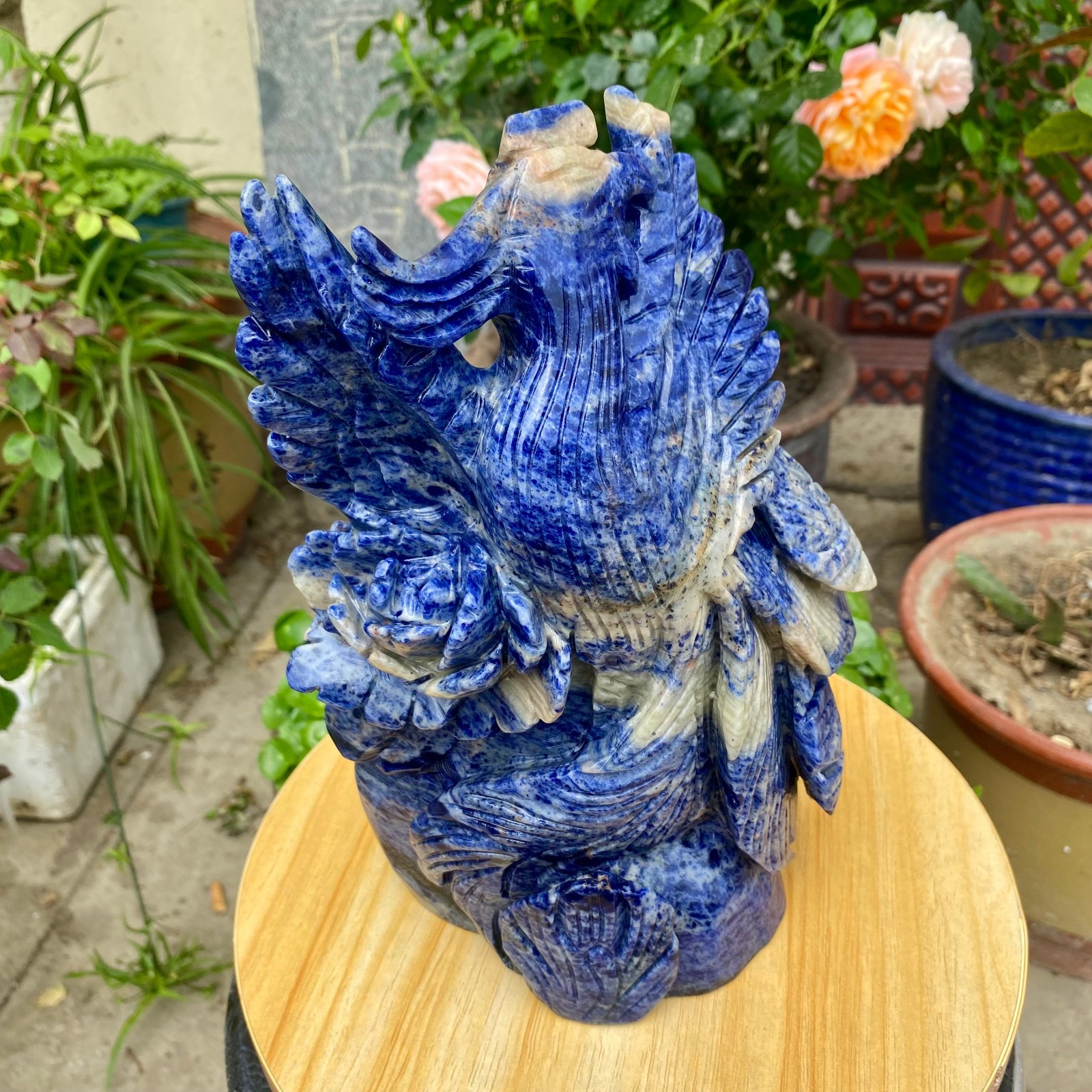 7.05LB Natural Blue Vein Stone Phoenix Carving, Home Decoration