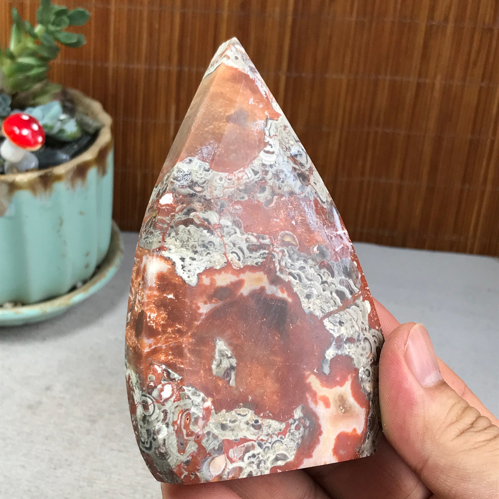 Natural money Mexico agate hand carve leaf Crystal Specimen free standing A6270