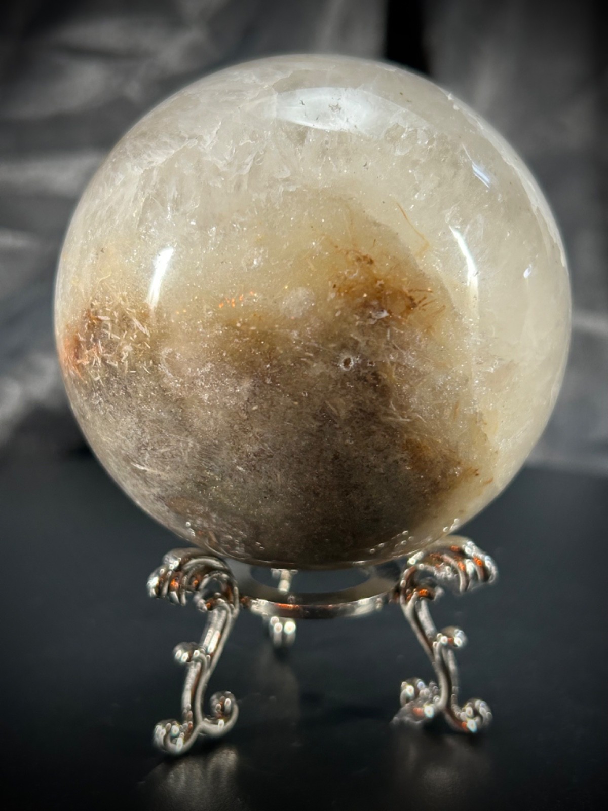 3″ Milky Lodolite Quartz Sphere With Metal Stand 1lb 6.1oz (626 grams) Druzy