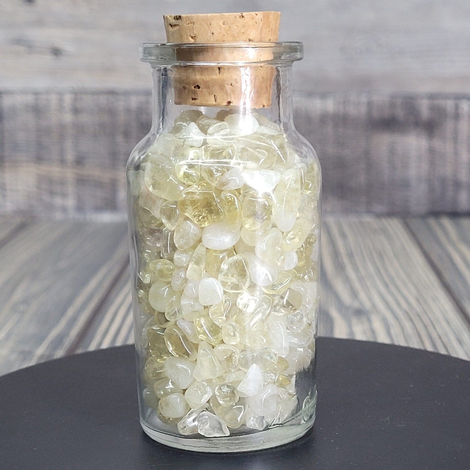 4 oz Citrine Crystal Chip Tumbles in Vintage Apothecary Glass Jar Wagner w/ Cork