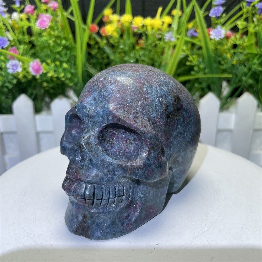 1.3LB 3.1″ Natural Ruby In Fuchsite Skull Carving Crystal UVHealing Carved Decor