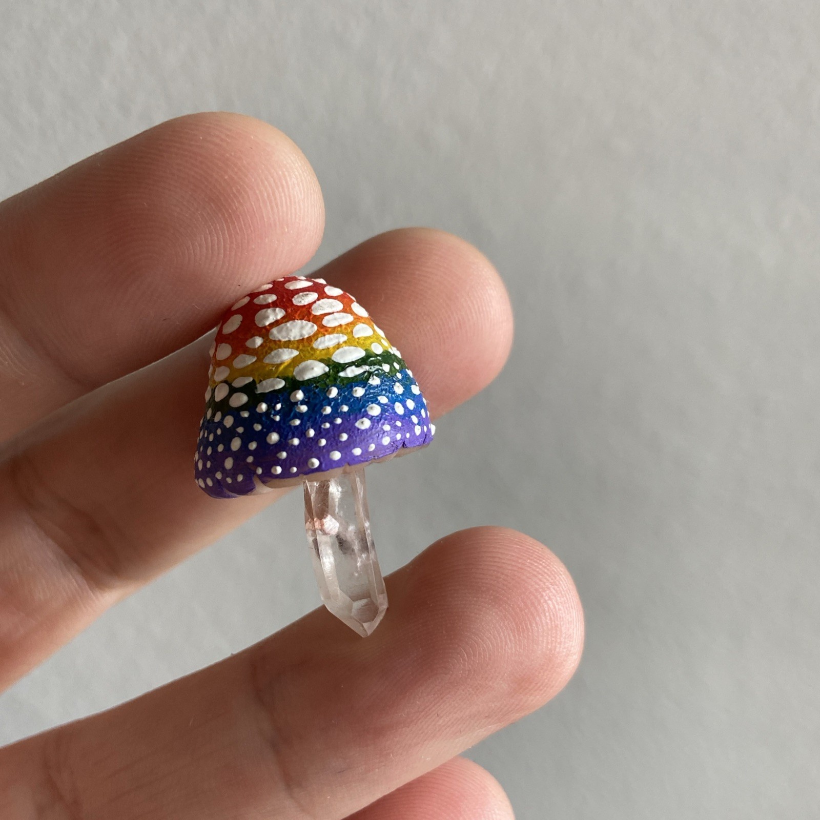 Handmade Clay Amanita Mushroom Lemurian Clear Quartz Crystal Point Rainbow Pride