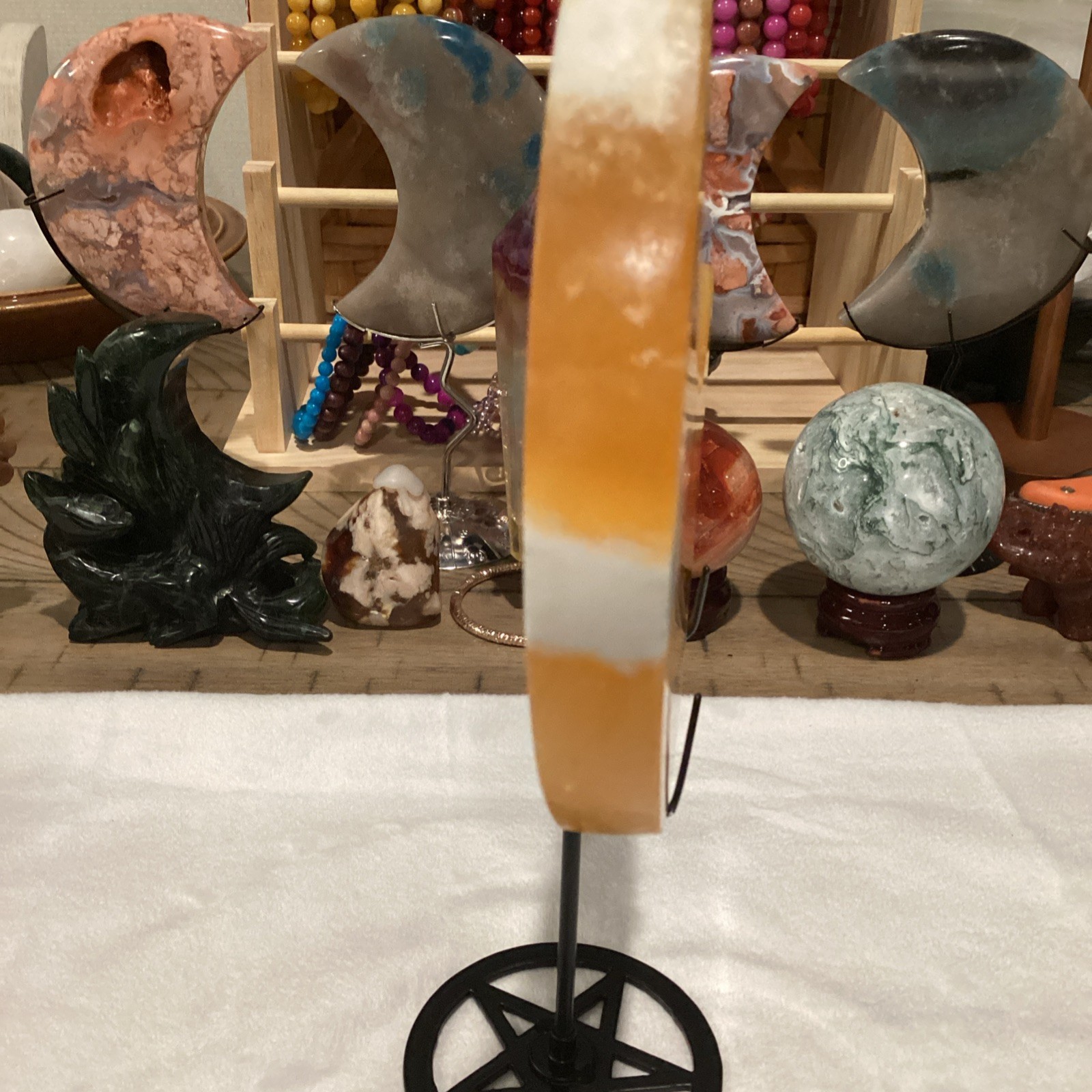 Polished Orange White Calcite Crescent Moon Crystal Specimen on Stand 6in 15 oz