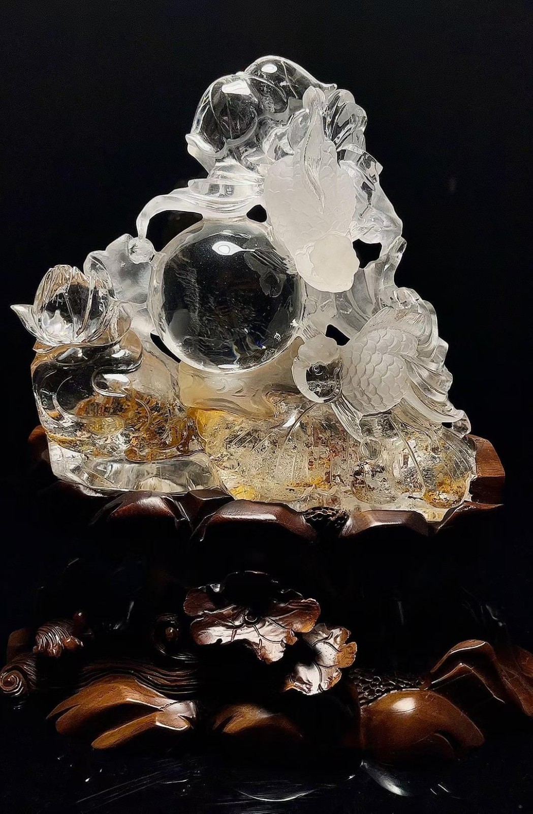 12.2LB Natural crystal fire quartz Carved fish Reiki energy Decor+Stand