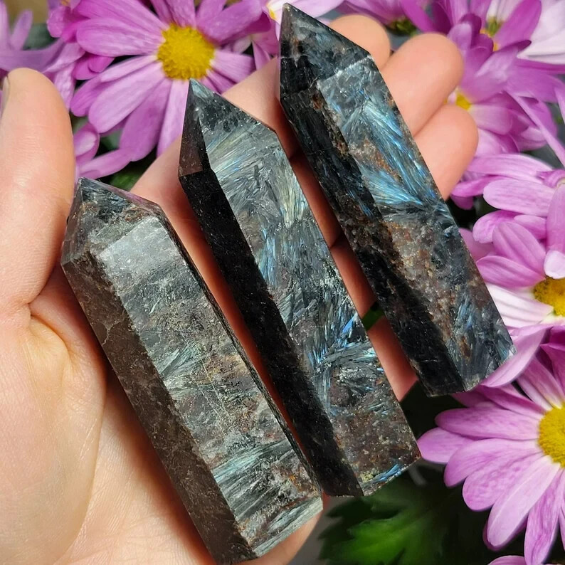 Natural Arfvedsonite Flash Tower Point Hexagonal Obelisk Healing Crystal Mineral