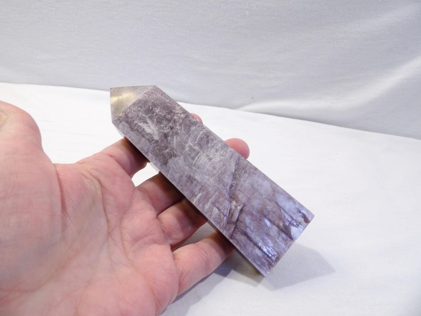 Natural gem lepidolite metallic purple mica tower point, 175g, 5.25″L