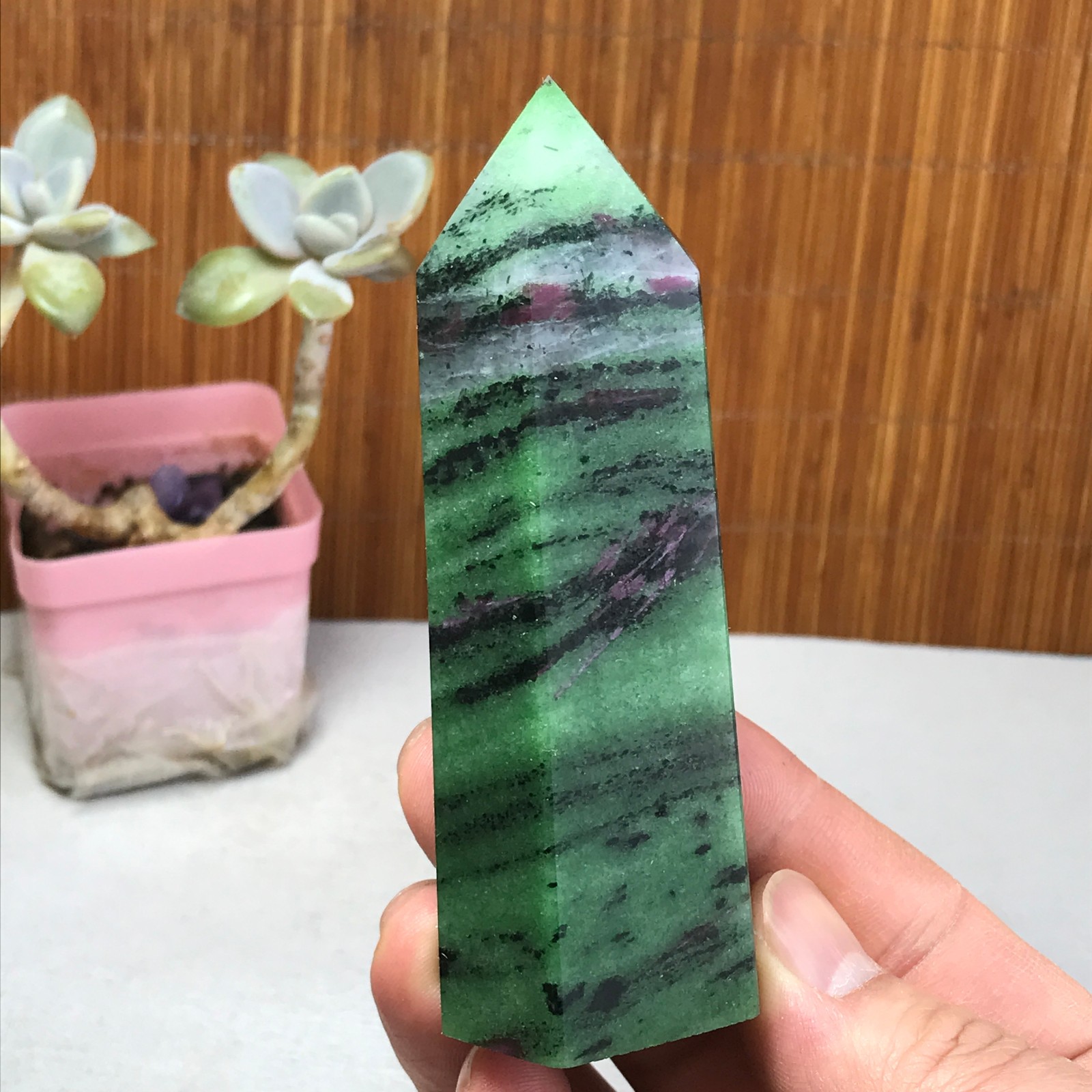 101-35-28mm Natural epidote wand Obelisk Crystal Quartz specimens 210g A3467