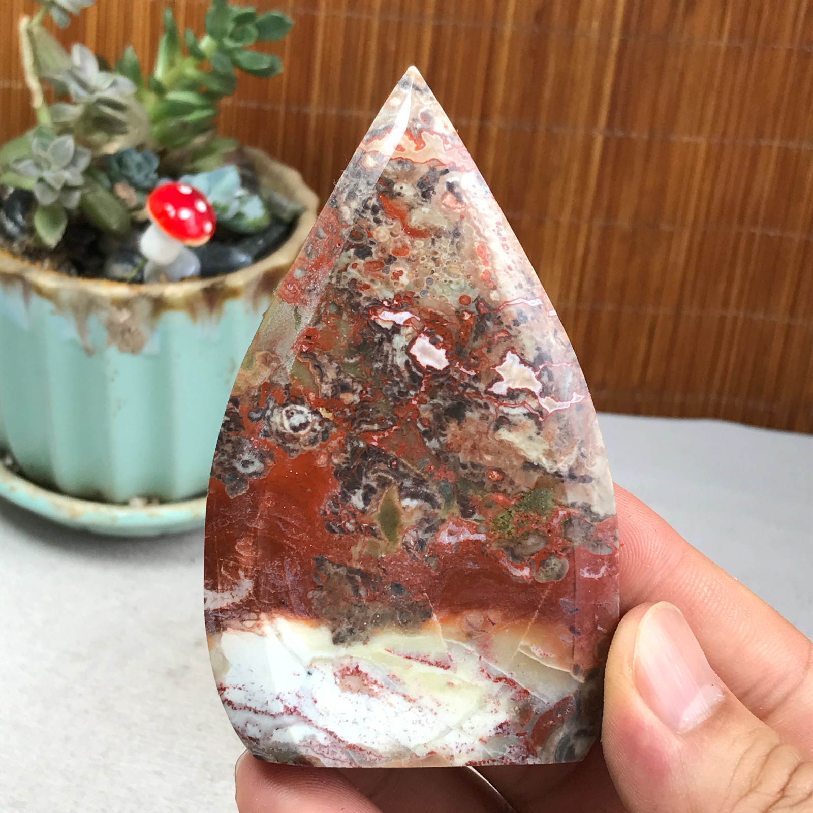 Natural money Mexico agate hand carve leaf Crystal Specimen free standing A6267