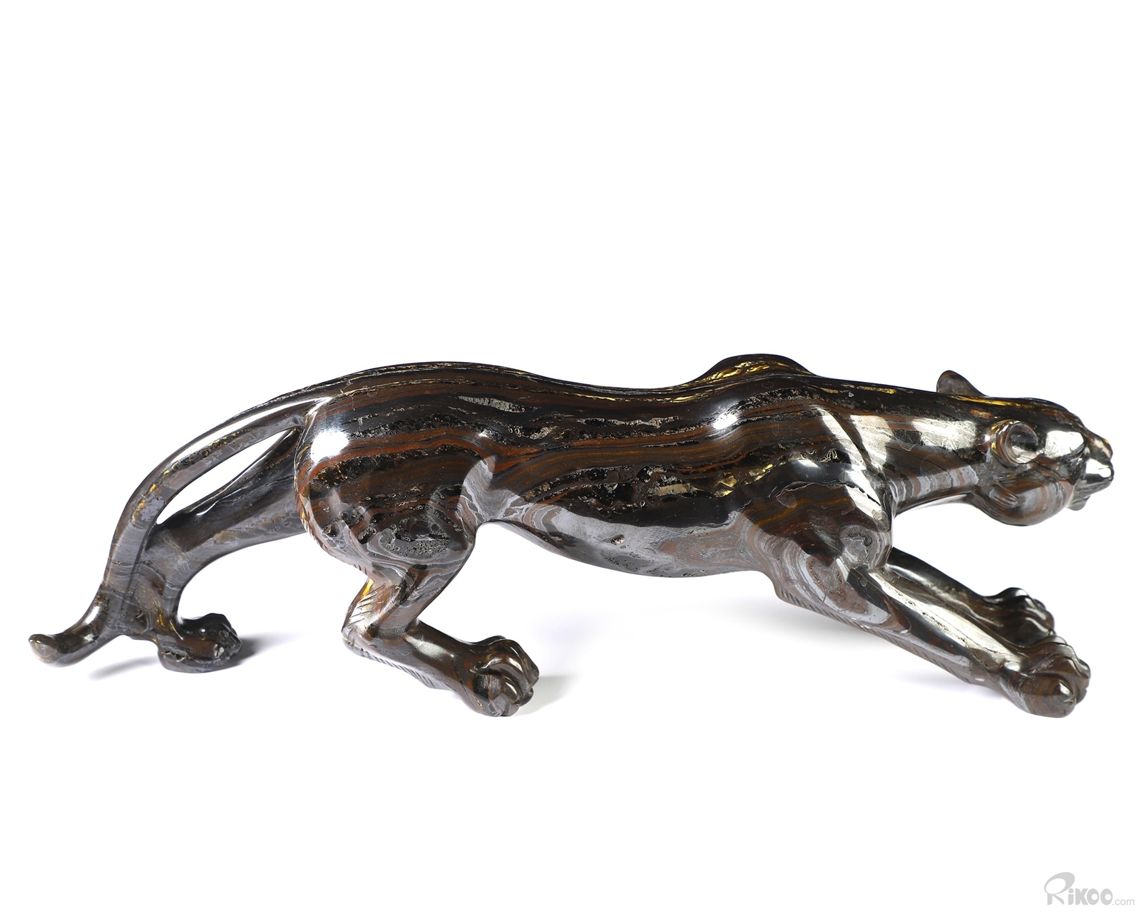 10.5″ Colorful Tiger Iron Eye Hand Carved Crystal Leopard Sculpture, Healing