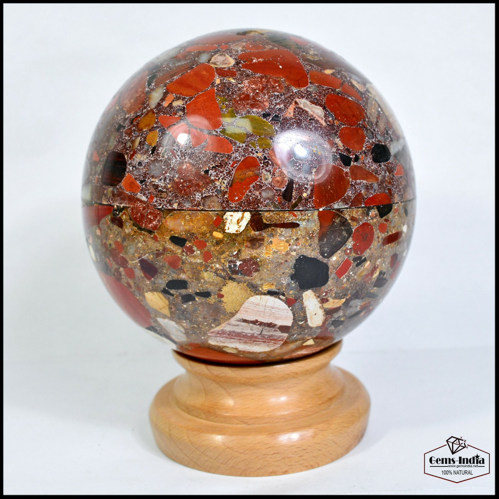 Natural 4.2in Red Conglomerate Stone Healing Meditation Puddingstone Sphere Ball