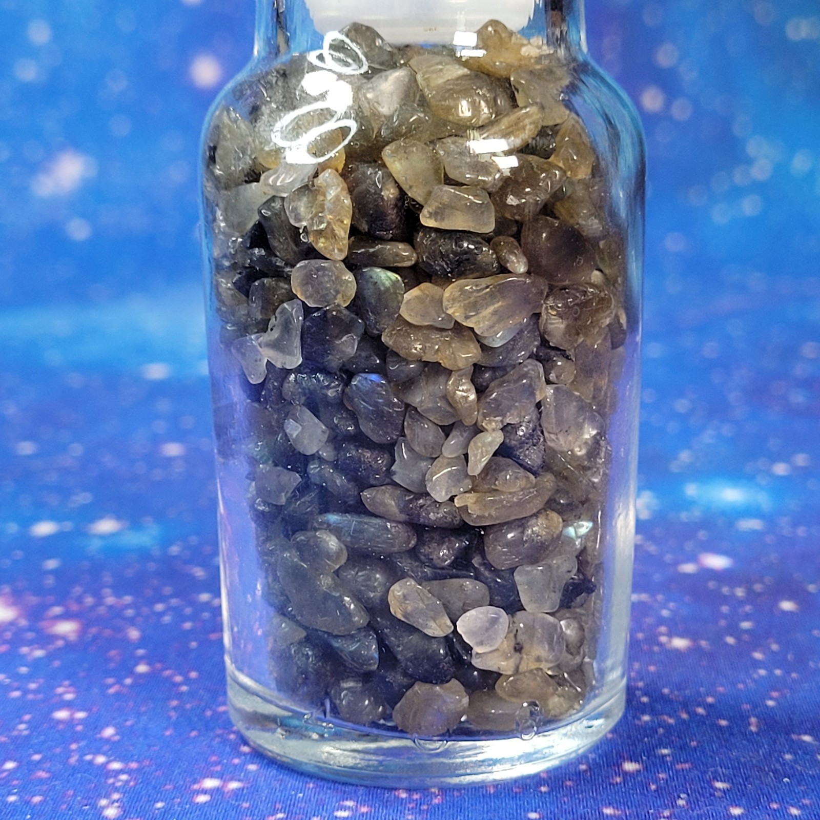 1/4 lb Labradorite Crystal Tumbled Chips in Apothecary Vintage Glass Jar Wagner