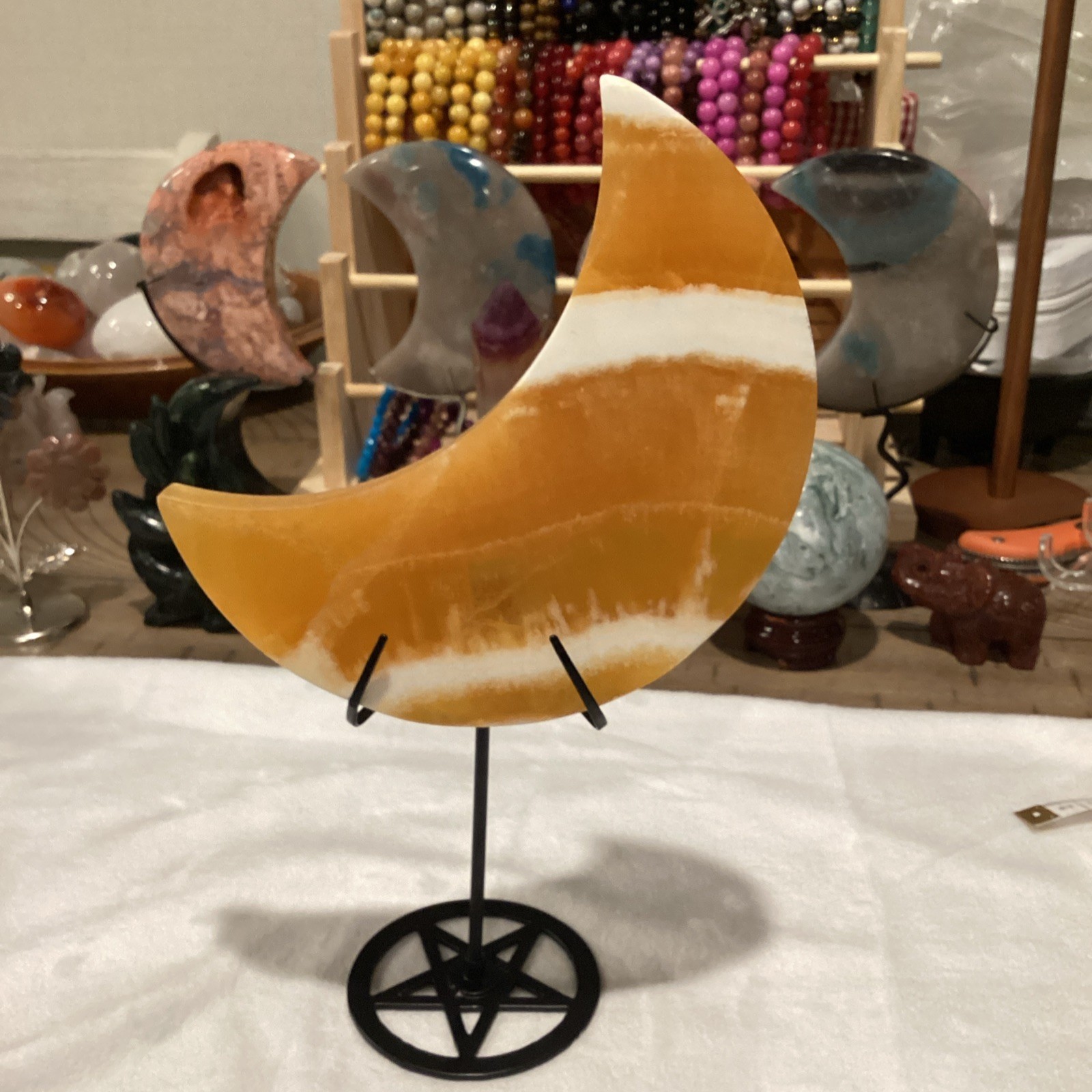 Polished Orange White Calcite Crescent Moon Crystal Specimen on Stand 6in 15 oz