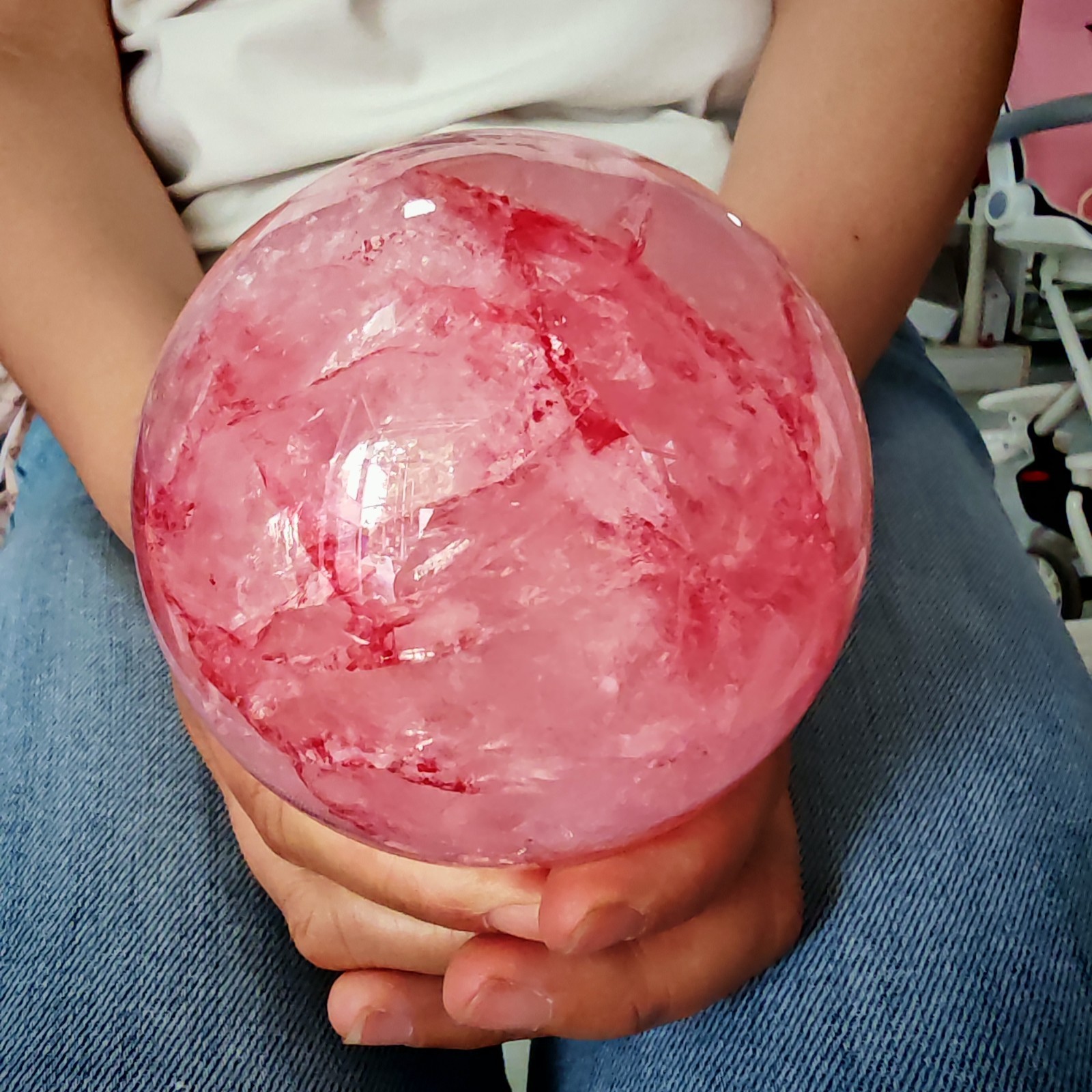 2.42LB TOP Natural Red gum flower quartz ball crystal Hand carved Decorative