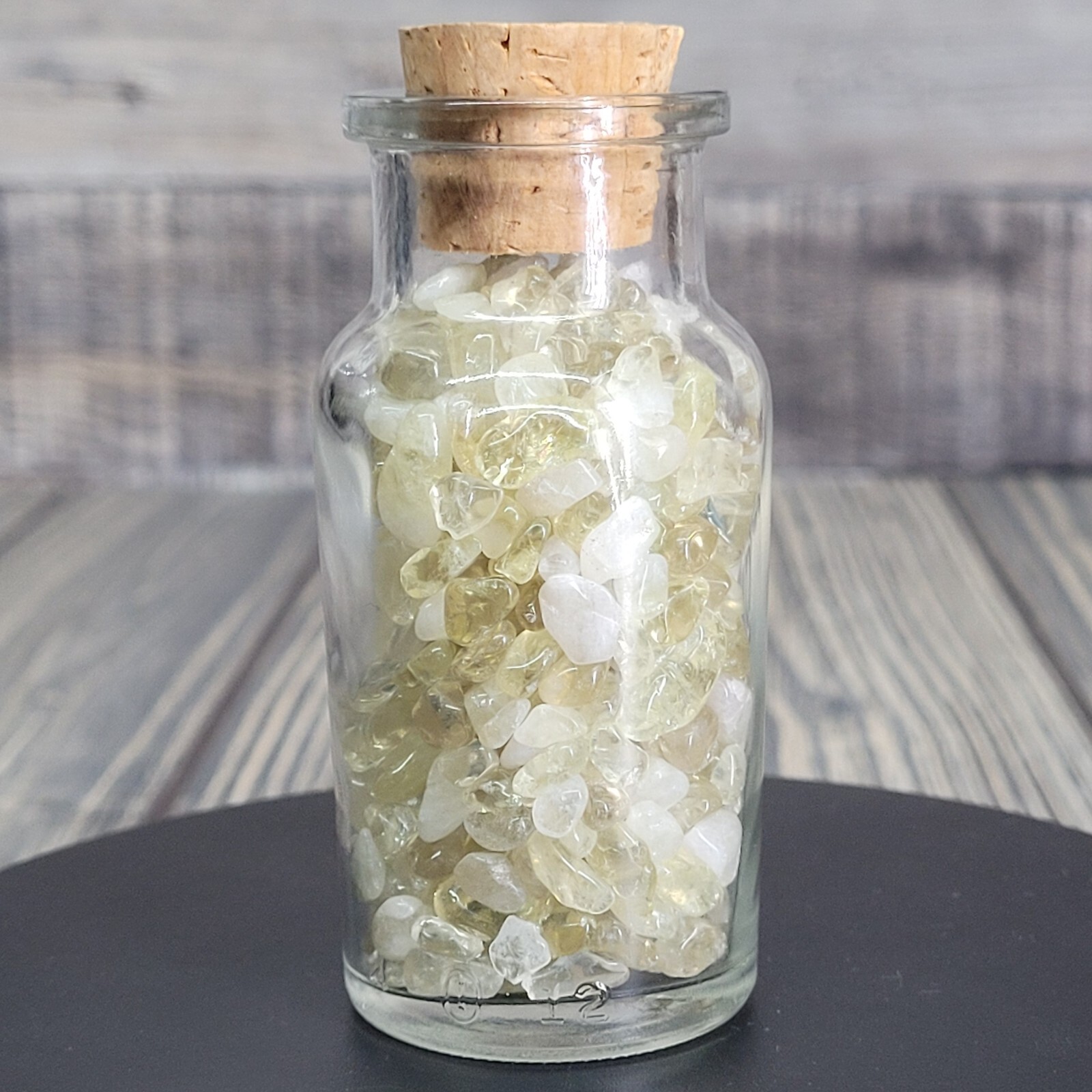 4 oz Citrine Crystal Chip Tumbles in Vintage Apothecary Glass Jar Wagner w/ Cork