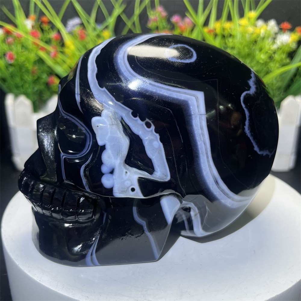 2.3LB 4.5″ Natural A++ Black Sardonyx Agate Skull Crystal Quartz Decor Gift