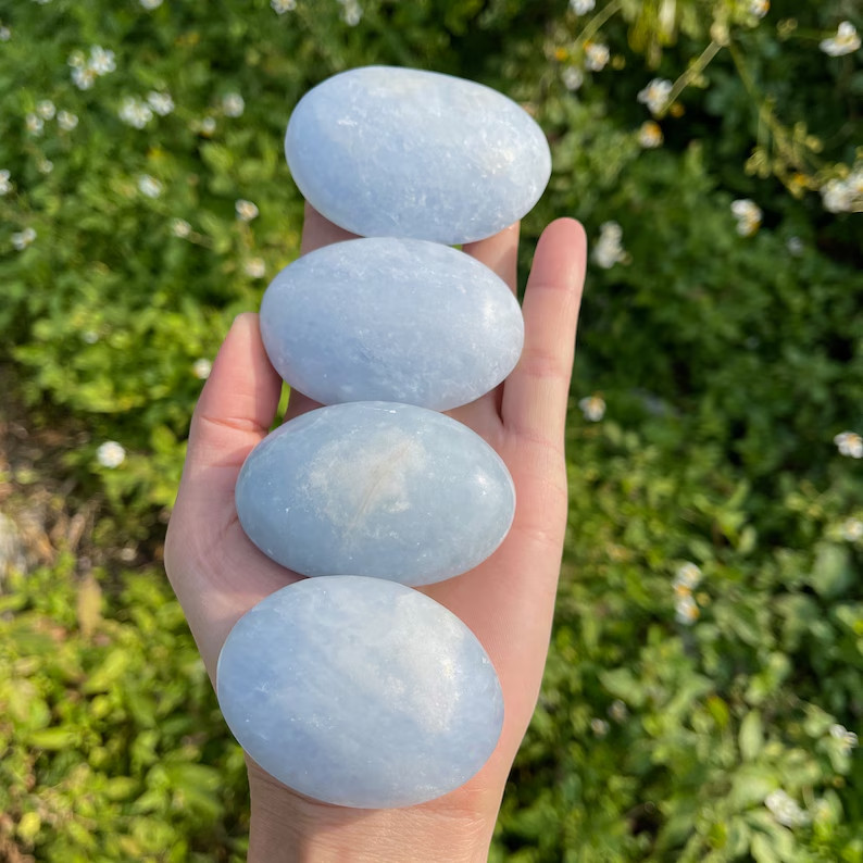 Natural Large Celestite Palm Stone Polished Rock Crystal Healing Reiki Egg Shape