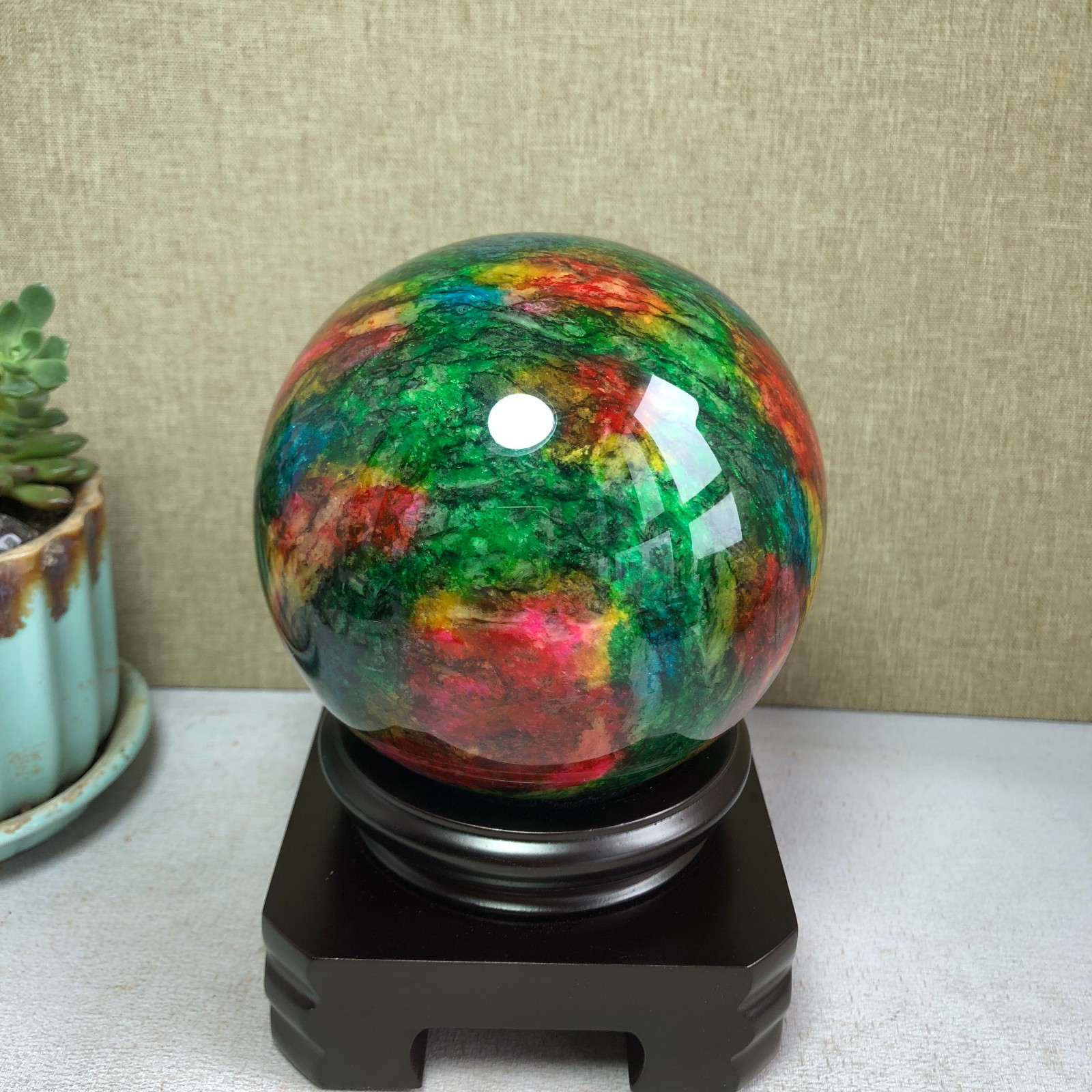 Natural “Seven Colors Jade” sphere flat bottom specimen Taiwan China 99mm A4582