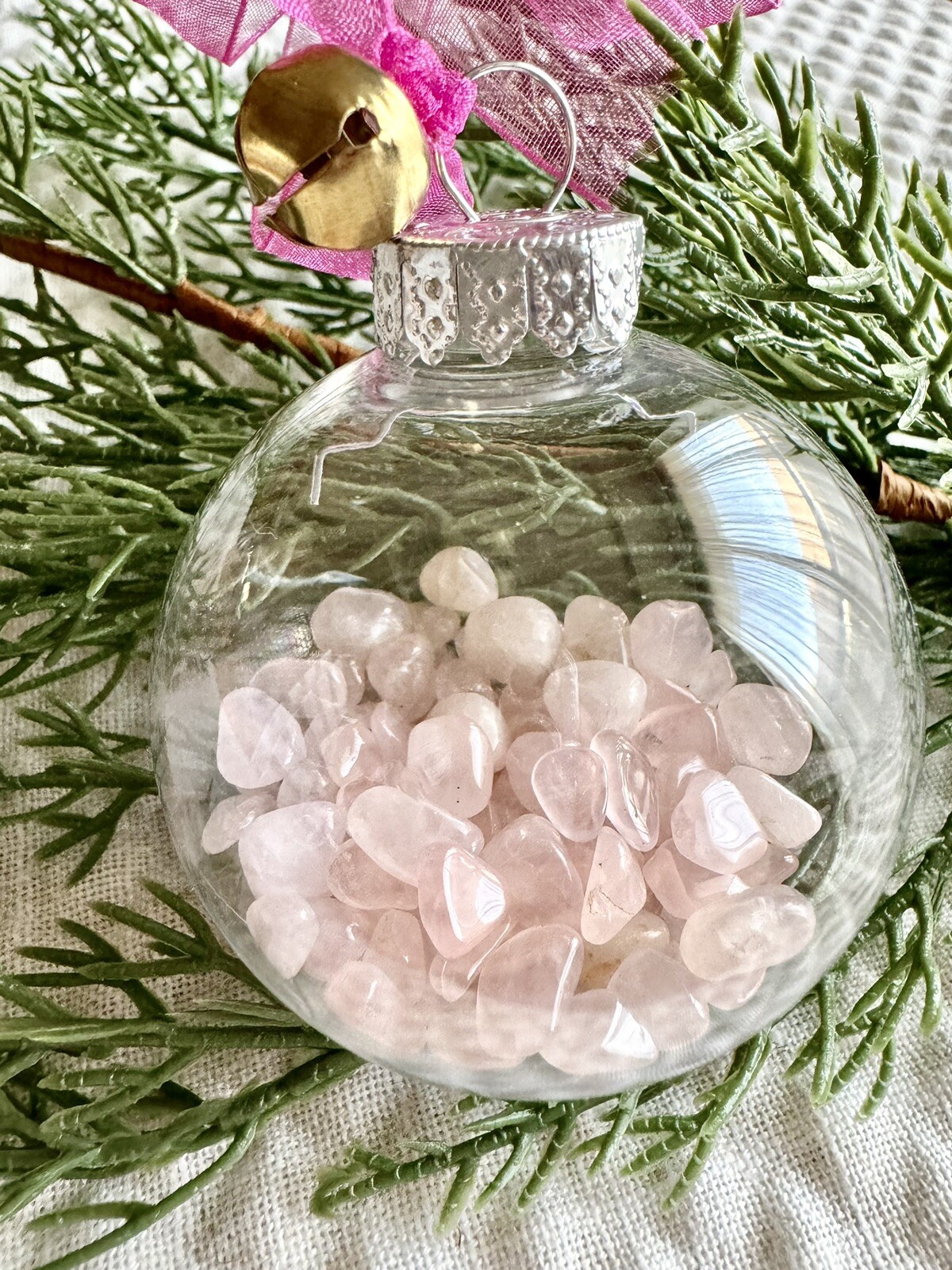 New Pink Christmas Ornament w/ Mini Natural Rose Quartz Crystal Gemstones 1/8 lb