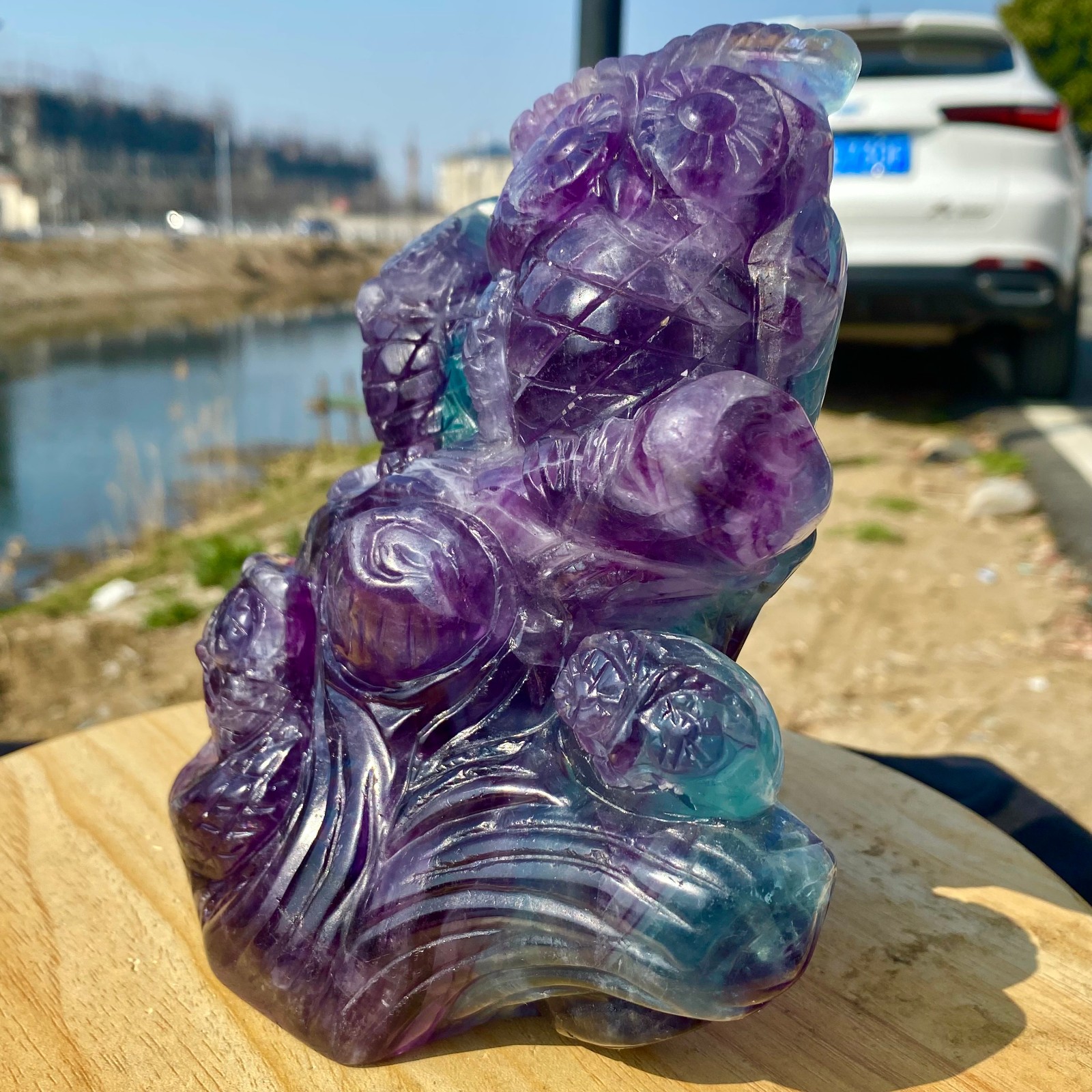 5.62LB Natural Fluorite Quartz Owl Sculpture Hand Carved Crystal Reiki Energy