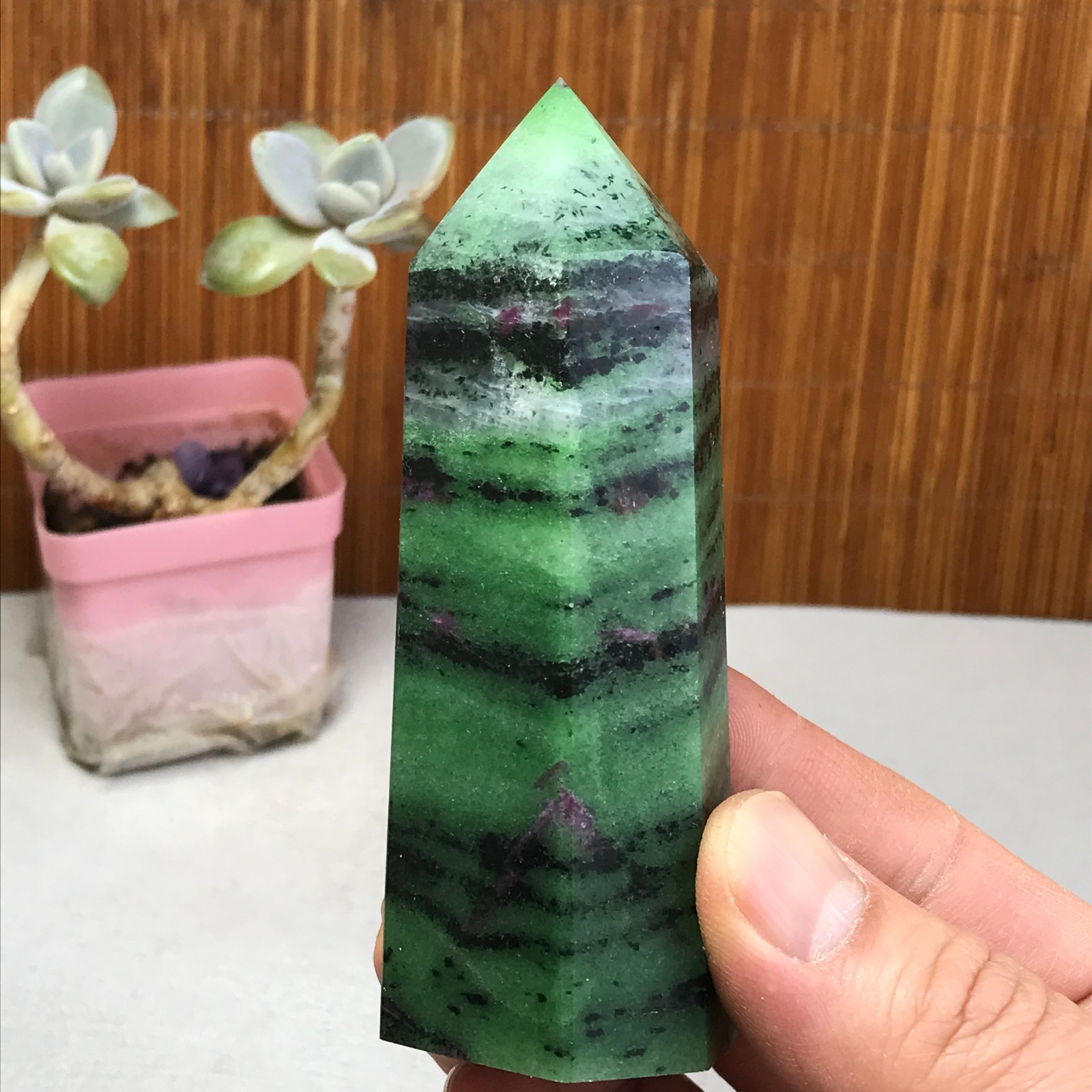 101-35-28mm Natural epidote wand Obelisk Crystal Quartz specimens 210g A3467