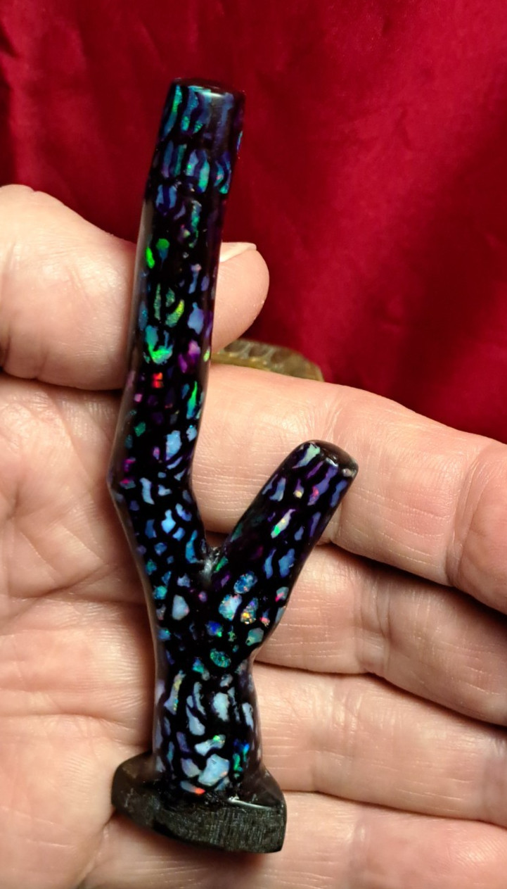 Huge Multicolor Indonesian Wood Opal Fossil Inlaid Mosaic Branch Stands Up