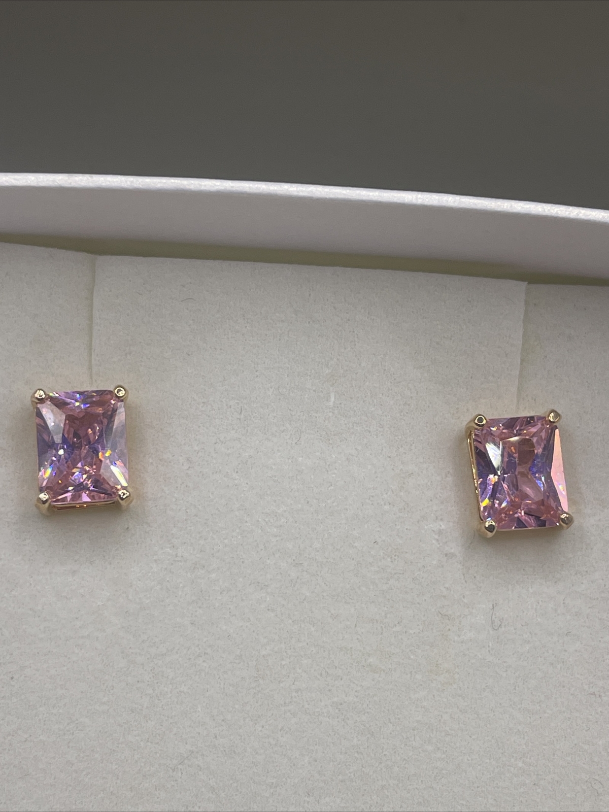 Gold Over Sterling Silver Rectangle Bright Pink Earrings Stud Pink Topaz #1003