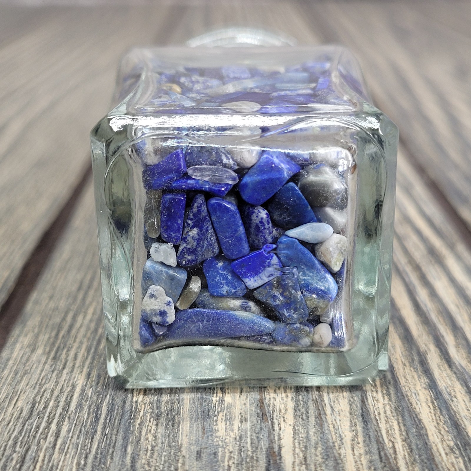 3.5 oz Lapis Lazuli Crystal Tumbled Chips in Vintage Ornate Apothecary Glass Jar