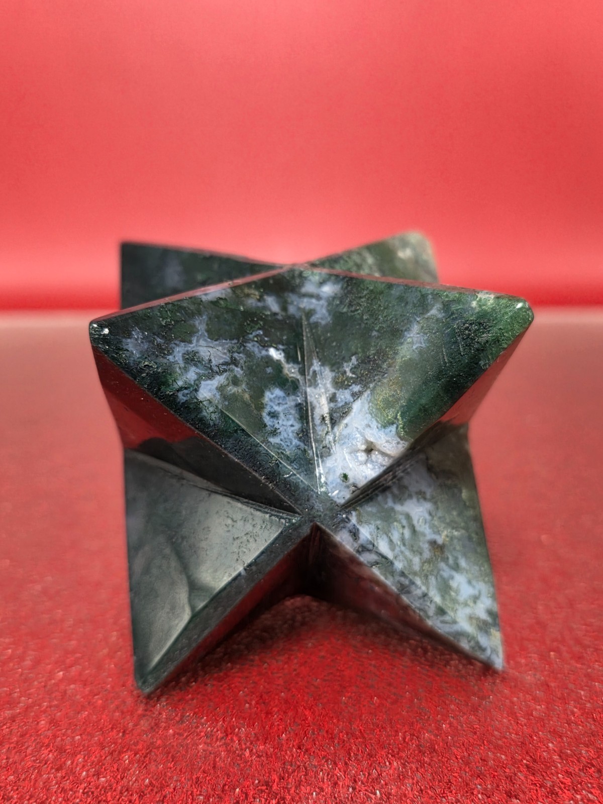 360g Moss Agate 8 Point Merkaba Star Carving Crystal Sacred Geometry Healing