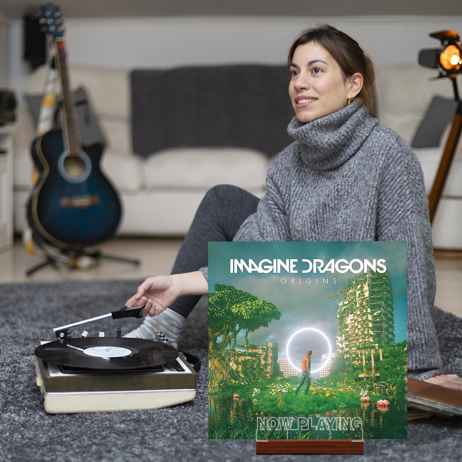 Vinyl Record Stand with LED Lights, Wooden Display for Albums and Room Decor