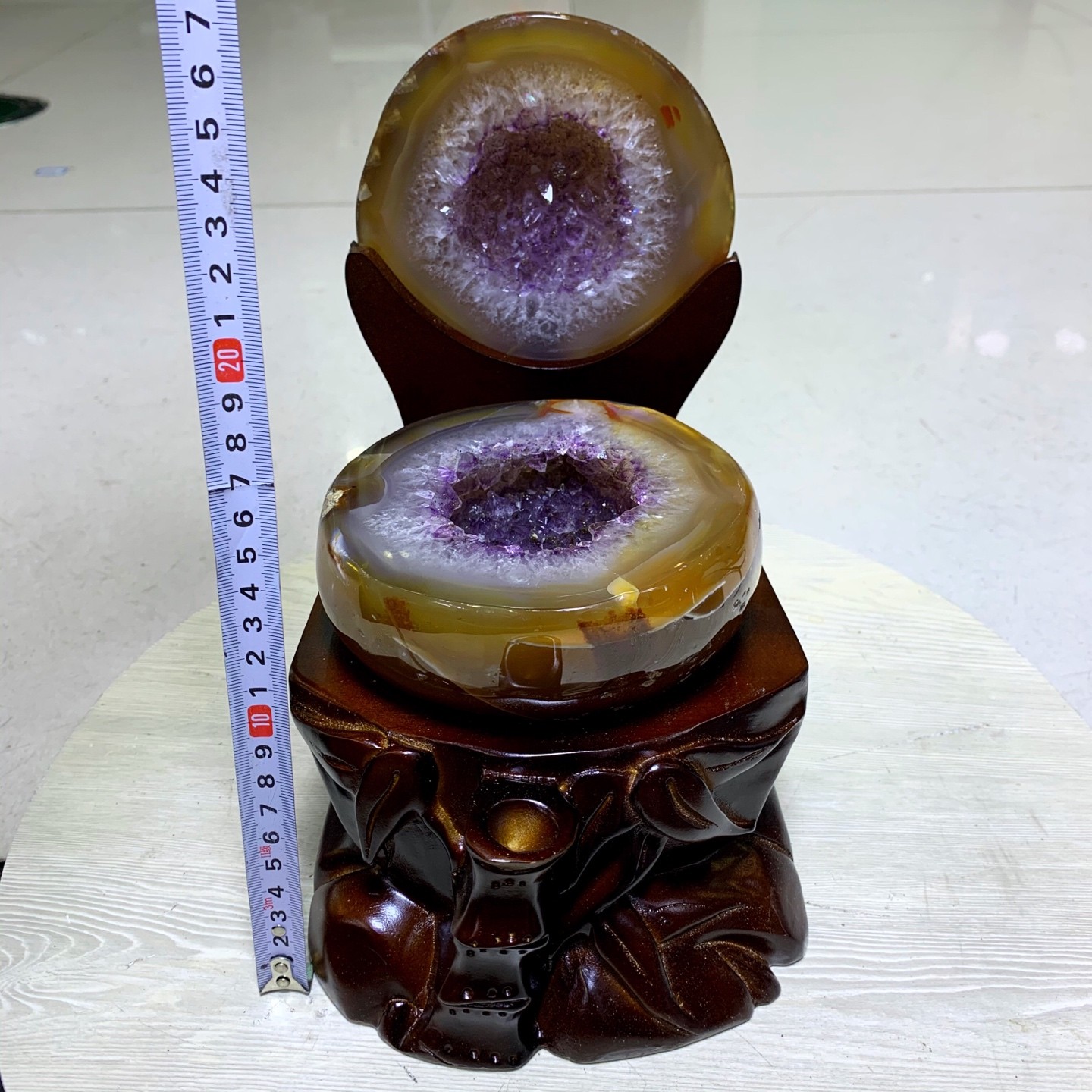 Agate Amethyst Crystal Geode Treasure Bowl with Wood Stand Healing Decor