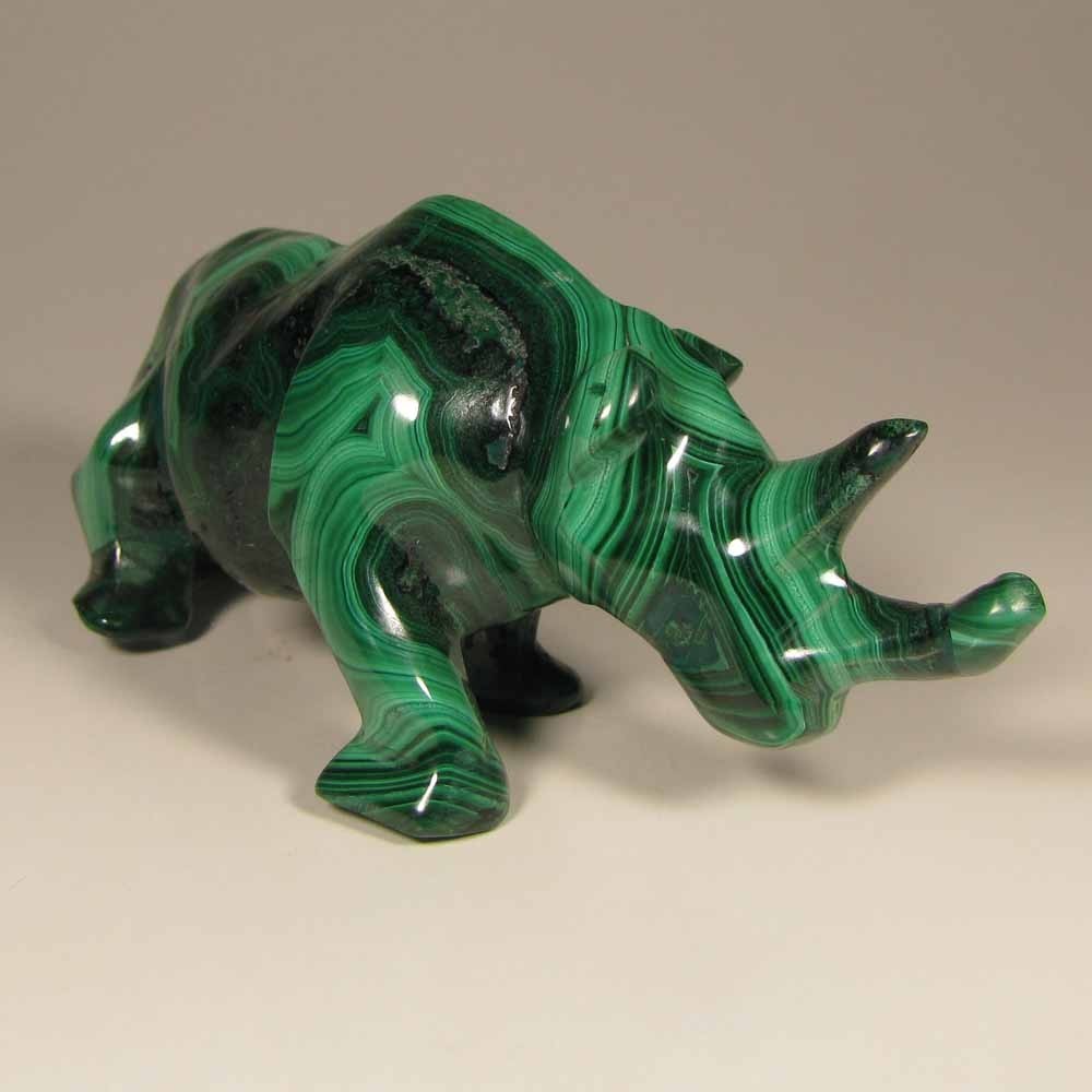 4.3″ Handcarved MALACHITE RHINOCEROS Gemstone Animal Carving – Congo, Africa