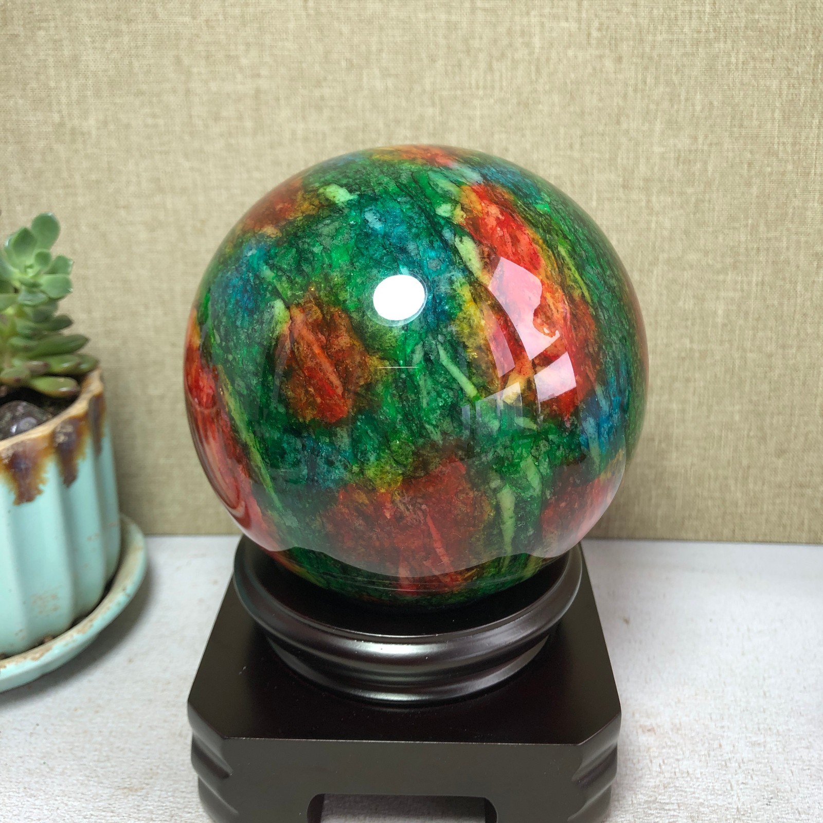Natural “Seven Colors Jade” sphere flat bottom specimen Taiwan China 99mm A4579