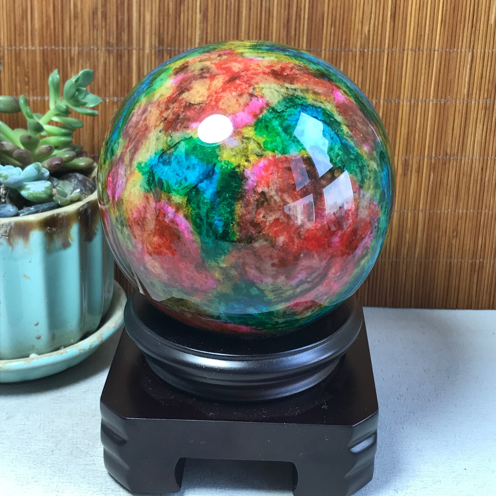 Natural “Seven Colors Jade” sphere Ball -Taiwan China 1.85kg Base Random A5802