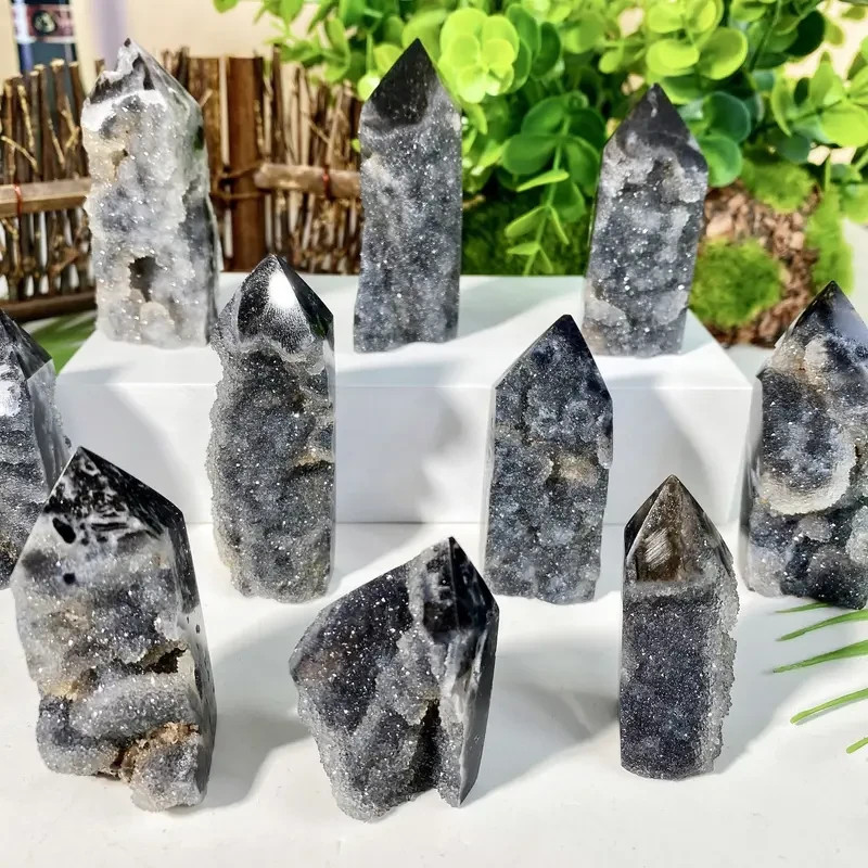 Natural Black Sphalerite Geode Reiki Healing Crystal Tower Point Obelisk Decor