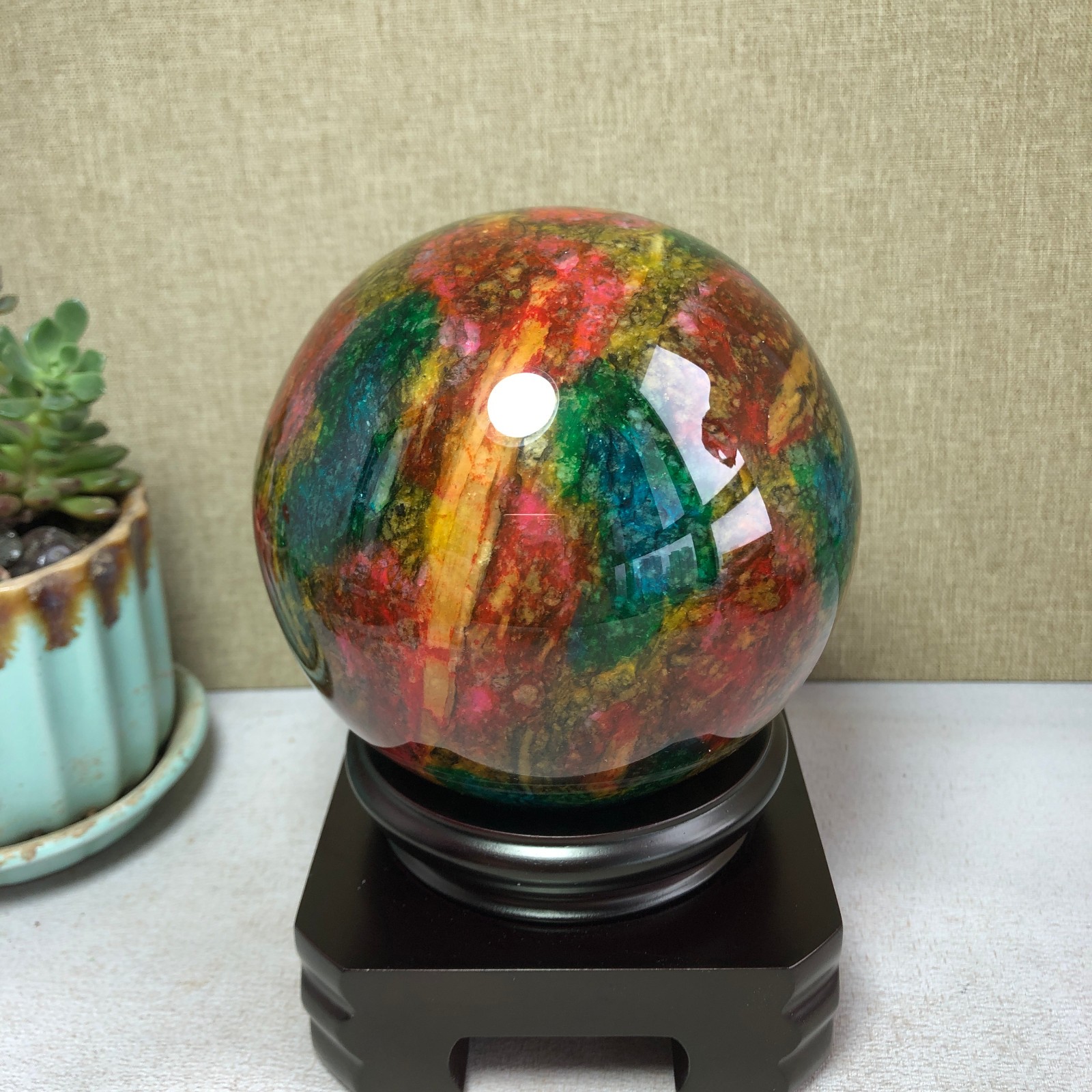 Natural “Seven Colors Jade” sphere flat bottom specimen Taiwan China 99mm A4580