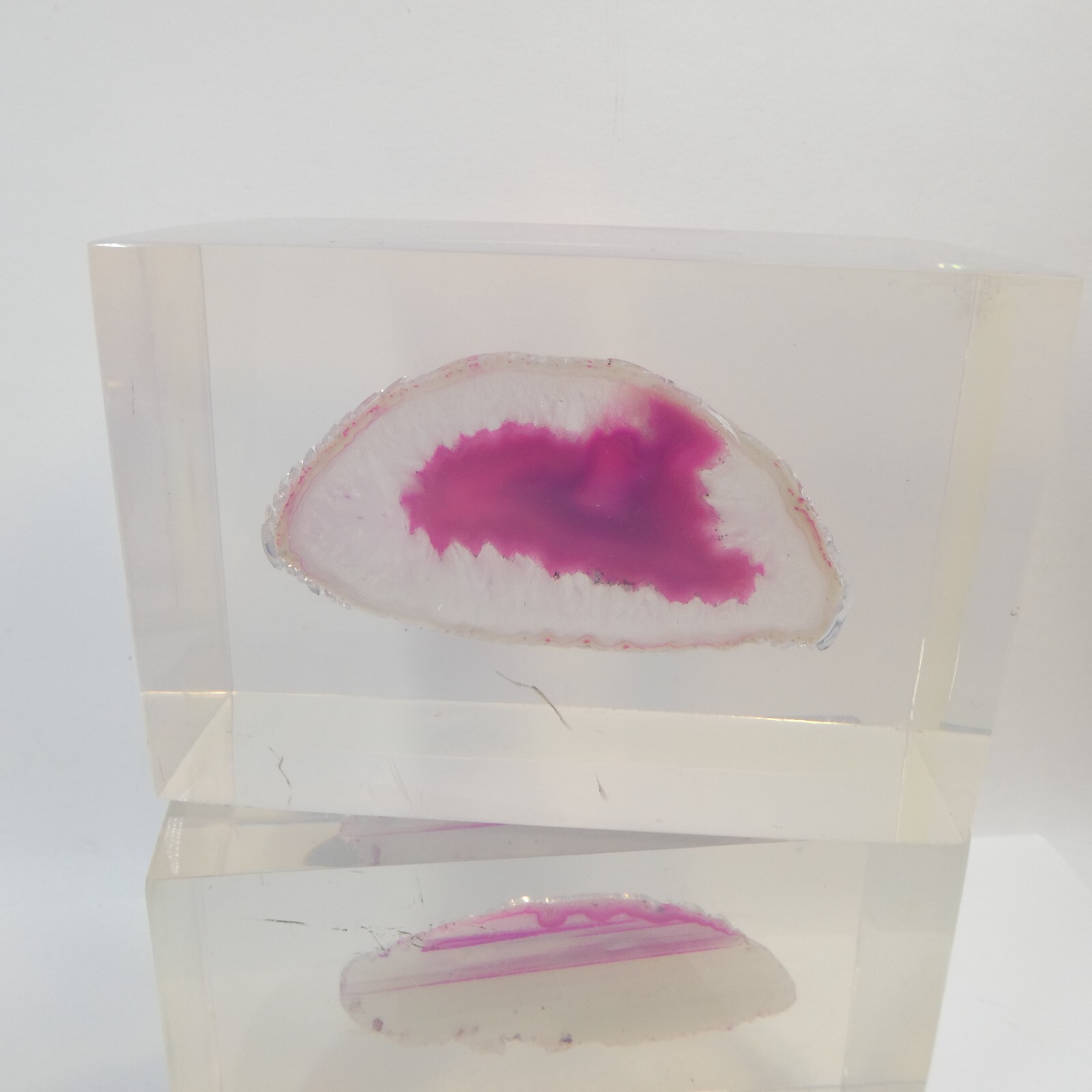Bookends Pair Vintage Pink Agate Geode Slice in Clear Lucite Acrylic Block