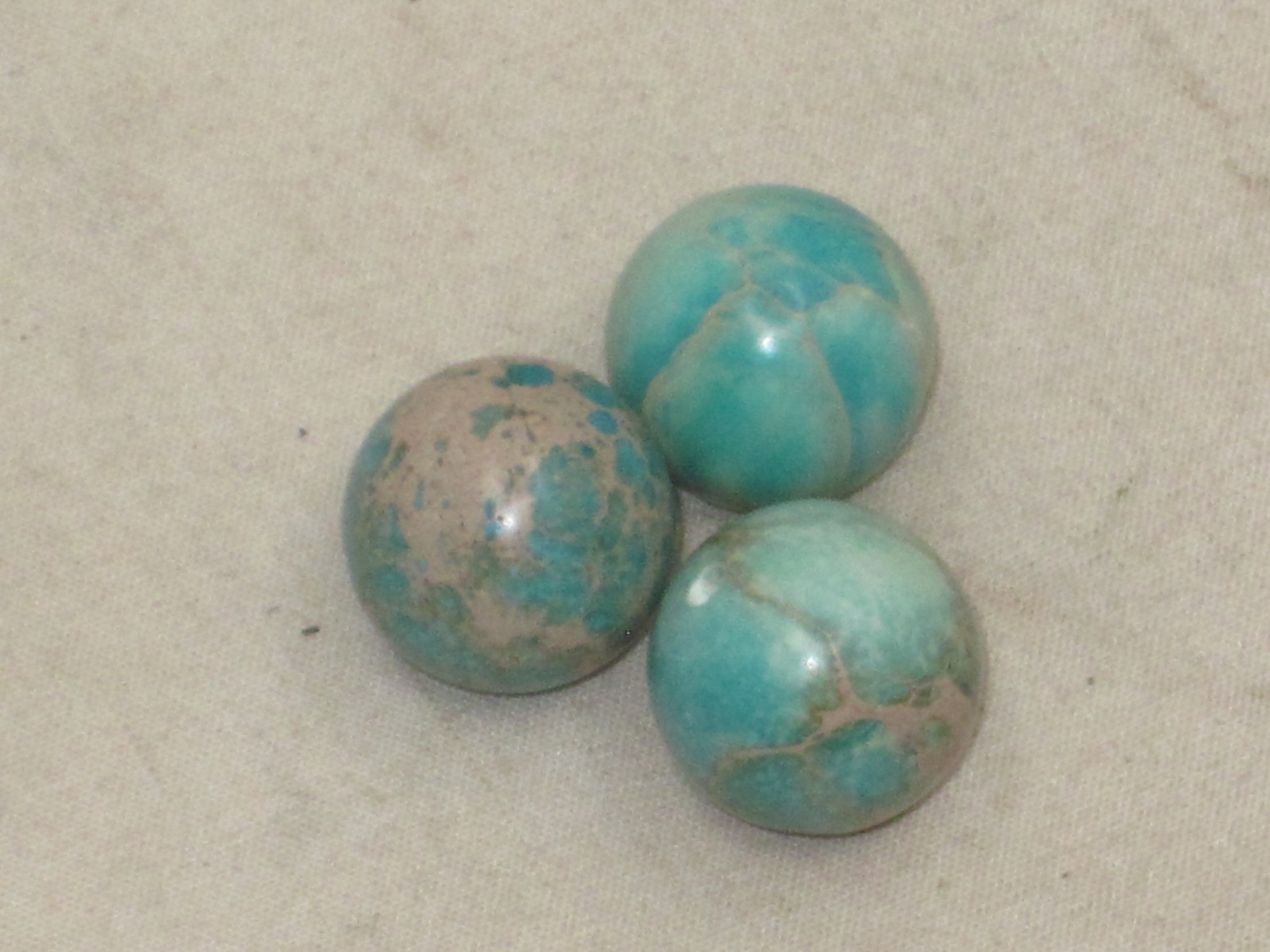 3 small polished turquoise ? spheres sphere orb marble balls ball w/ center hole