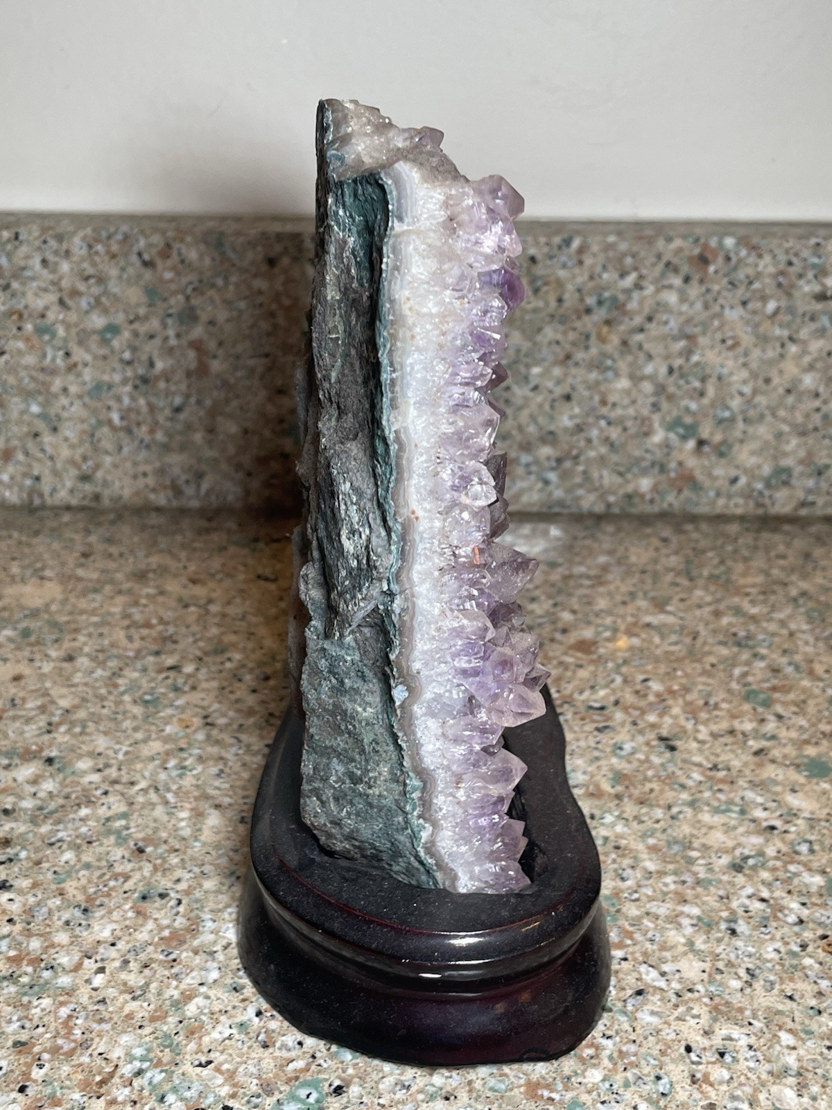 Natural Amethyst Crystal Cluster Geode Specimen on Wooden Display Stand 7”