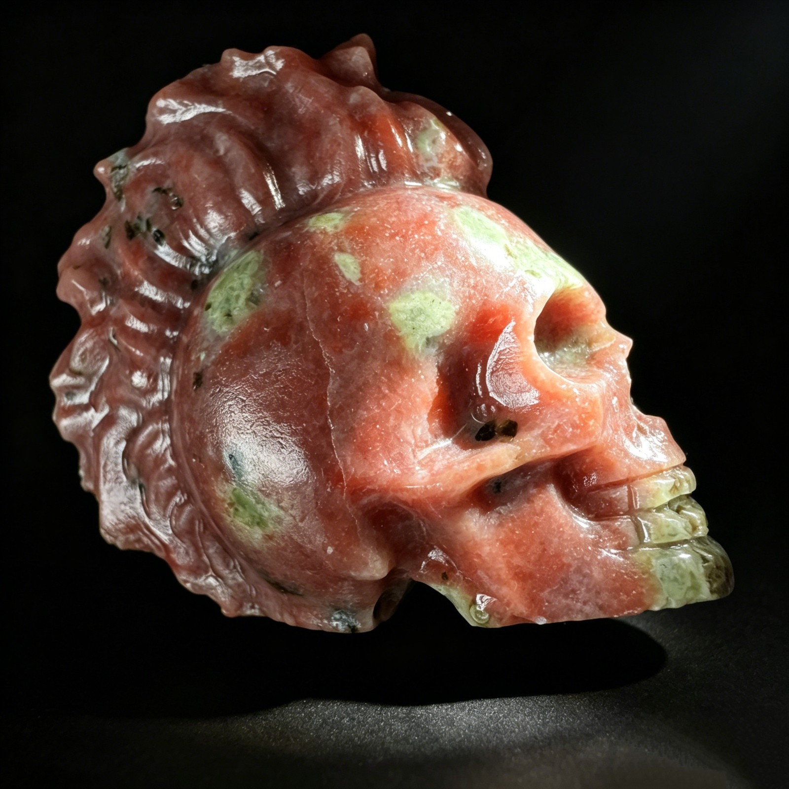 Natural Peach Blossom Tourmaline Skull Carving Figurine Gothic Decor Desk Orname