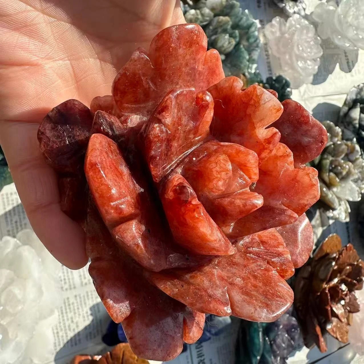 1PC Natural Red gum flower Quartz Carved Flower Skull Crystal Reiki Decor Gift
