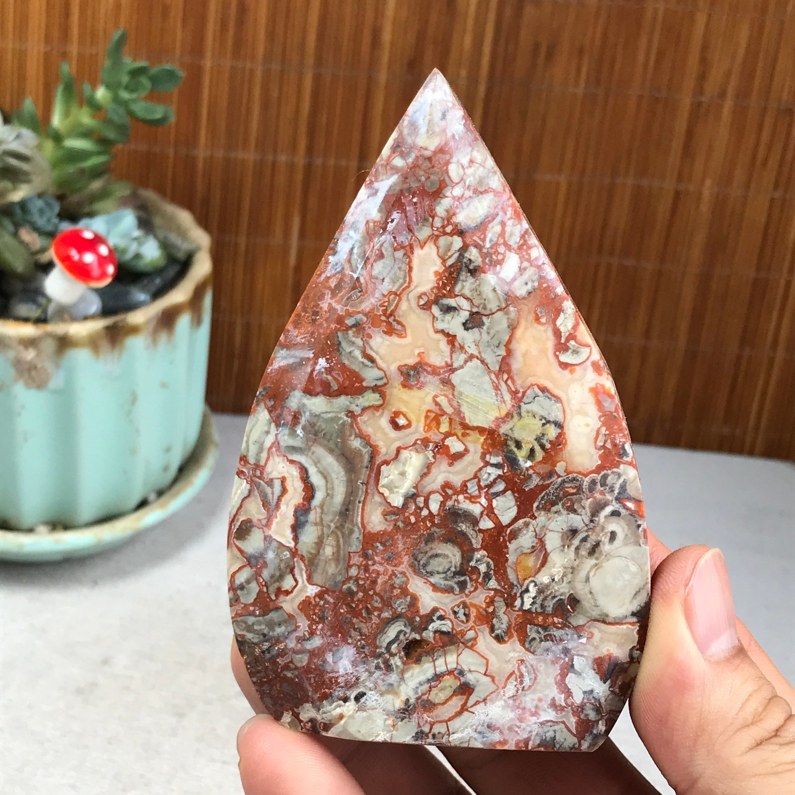 Natural money Mexico agate hand carve leaf Crystal Specimen free standing A6275