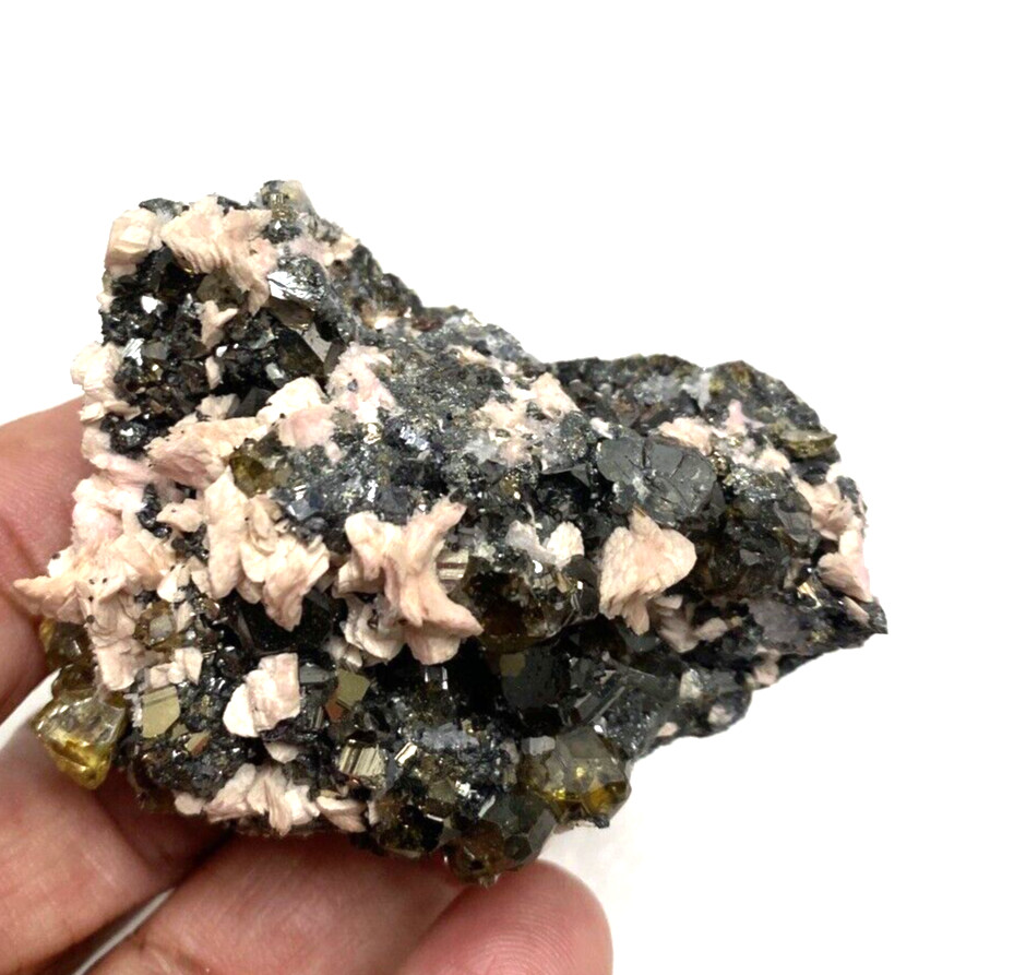 Rhodochrosite Pale Pink and Sphalerite Gem Golden and Black Crystals on Matrix