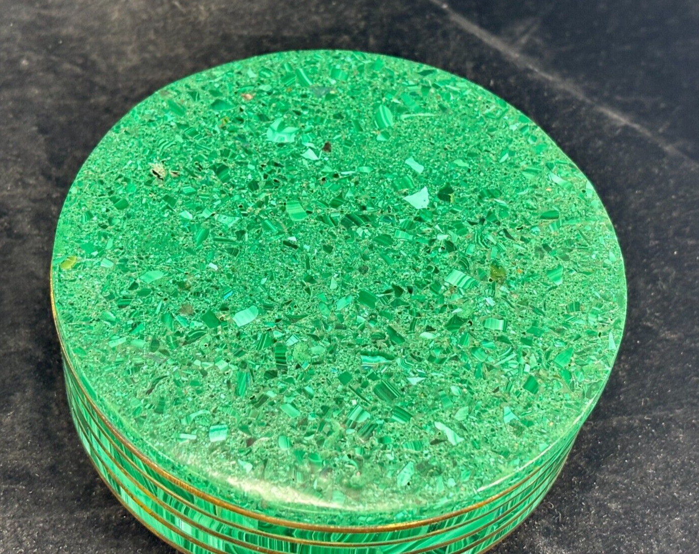 Vintage Green Malachite & Brass Round Box from Congo – Pietra Dura Scene on Top