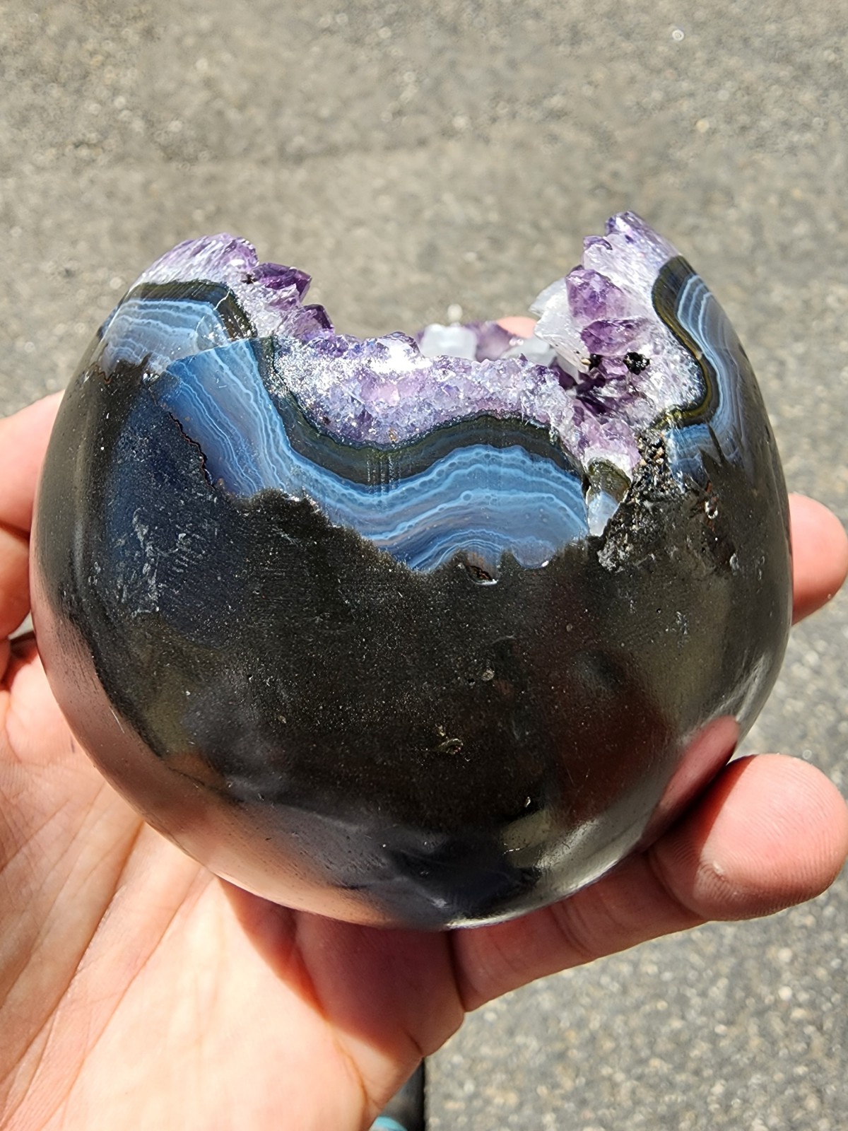 Lg 785g Amethyst Geode Sphere Natural Agate Band White Calcite Crystal Display