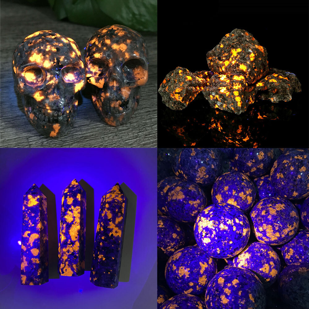 Natural Raw Yooperlite Flame Fire Stone Rock Crystal Ball Dragon Skull Decors