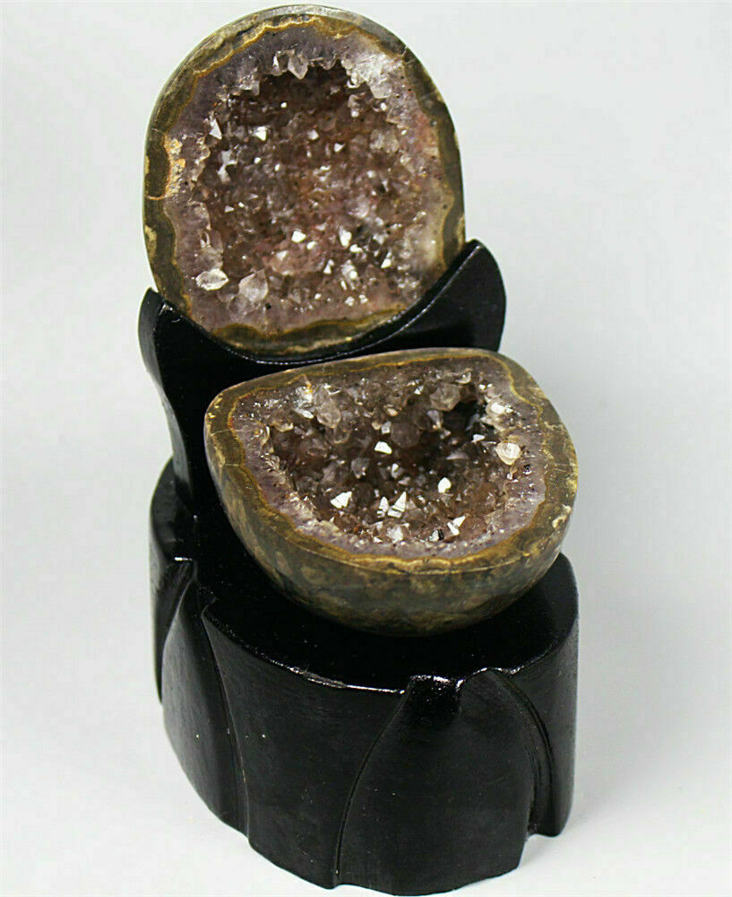 A Pair ! Natural Agate Geode Quartz Crystal Cluster Point Specimen / Stand 266g