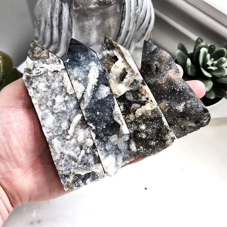 Natural Black Sphalerite Druzy Geode Healing Crystal Tower Point Obelisk Quart