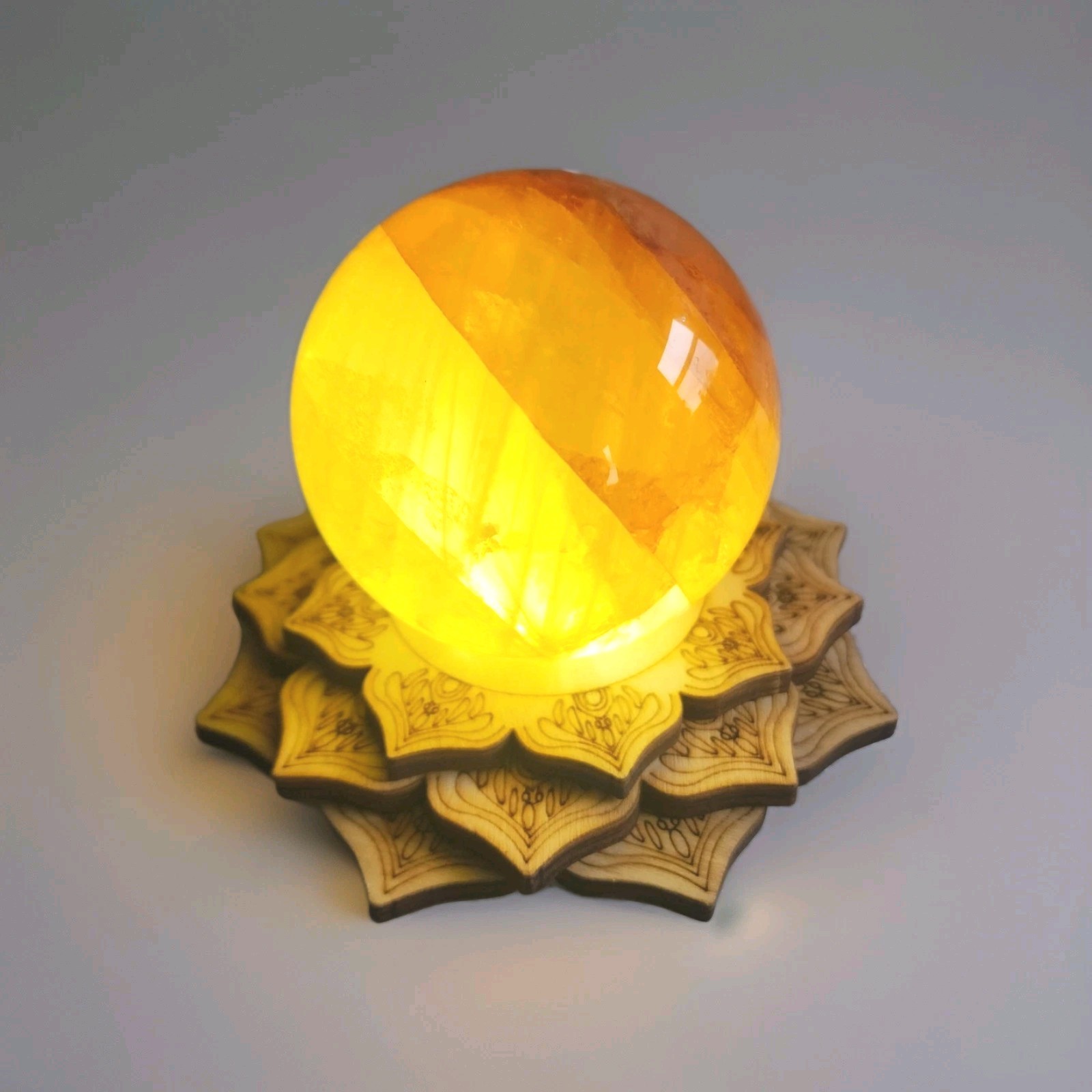Natural Polished Yellow Fire Quartz 2.5″ Sphere with Light Stand – USA