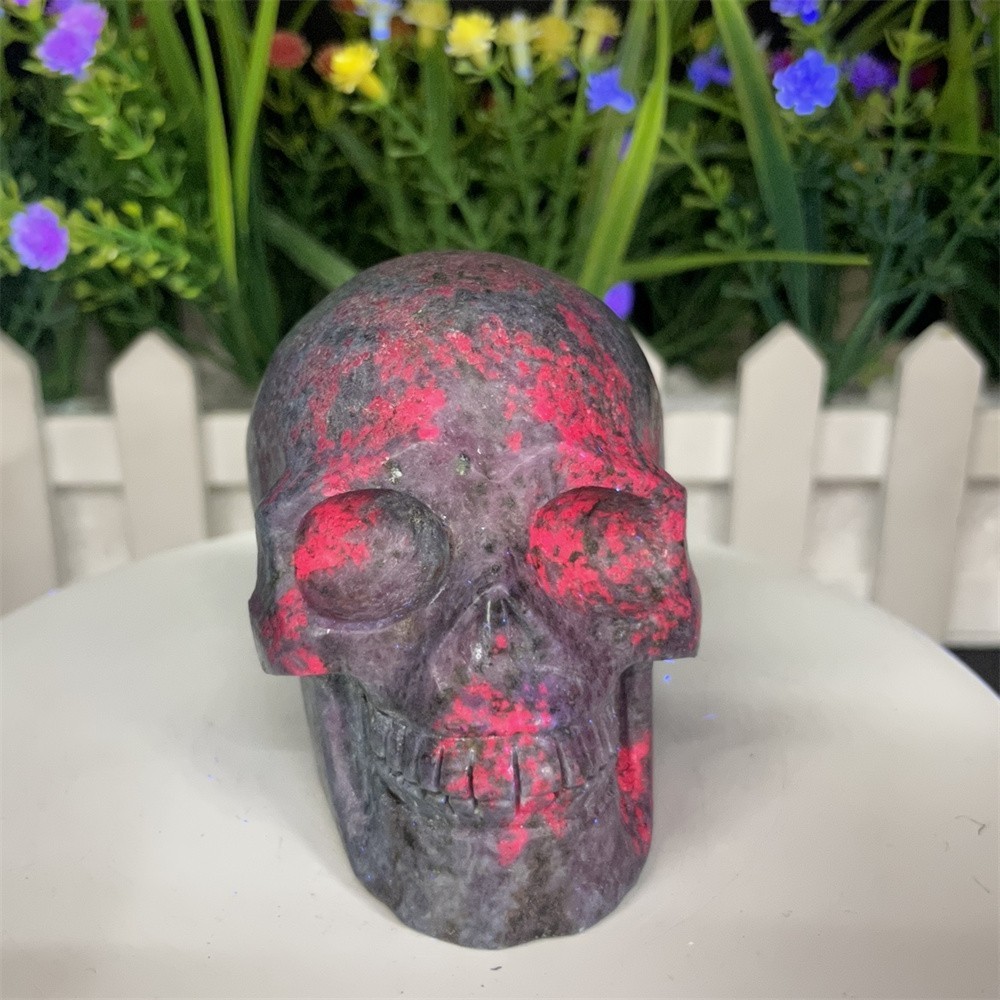 1.3LB 3.1″ Natural Ruby In Fuchsite Skull Carving Crystal UVHealing Carved Decor